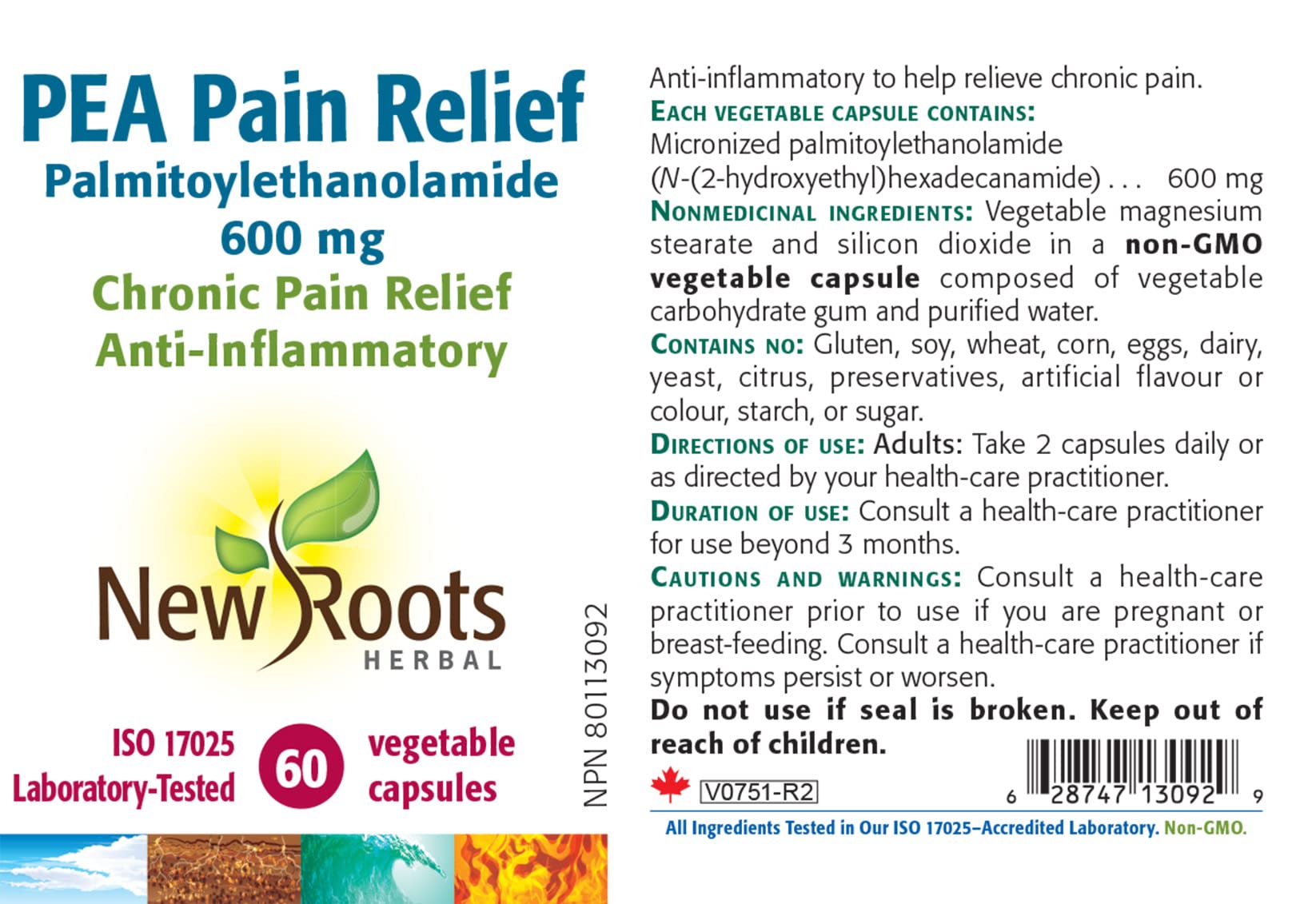 New Roots Herbal PEA Soulagement de la douleur 600 mg, 60 gélules végétales pour 30 jours, micronisée à partir d'huile de carthame, soutient la fonction nerveuse, la mobilité articulaire et le confort physique