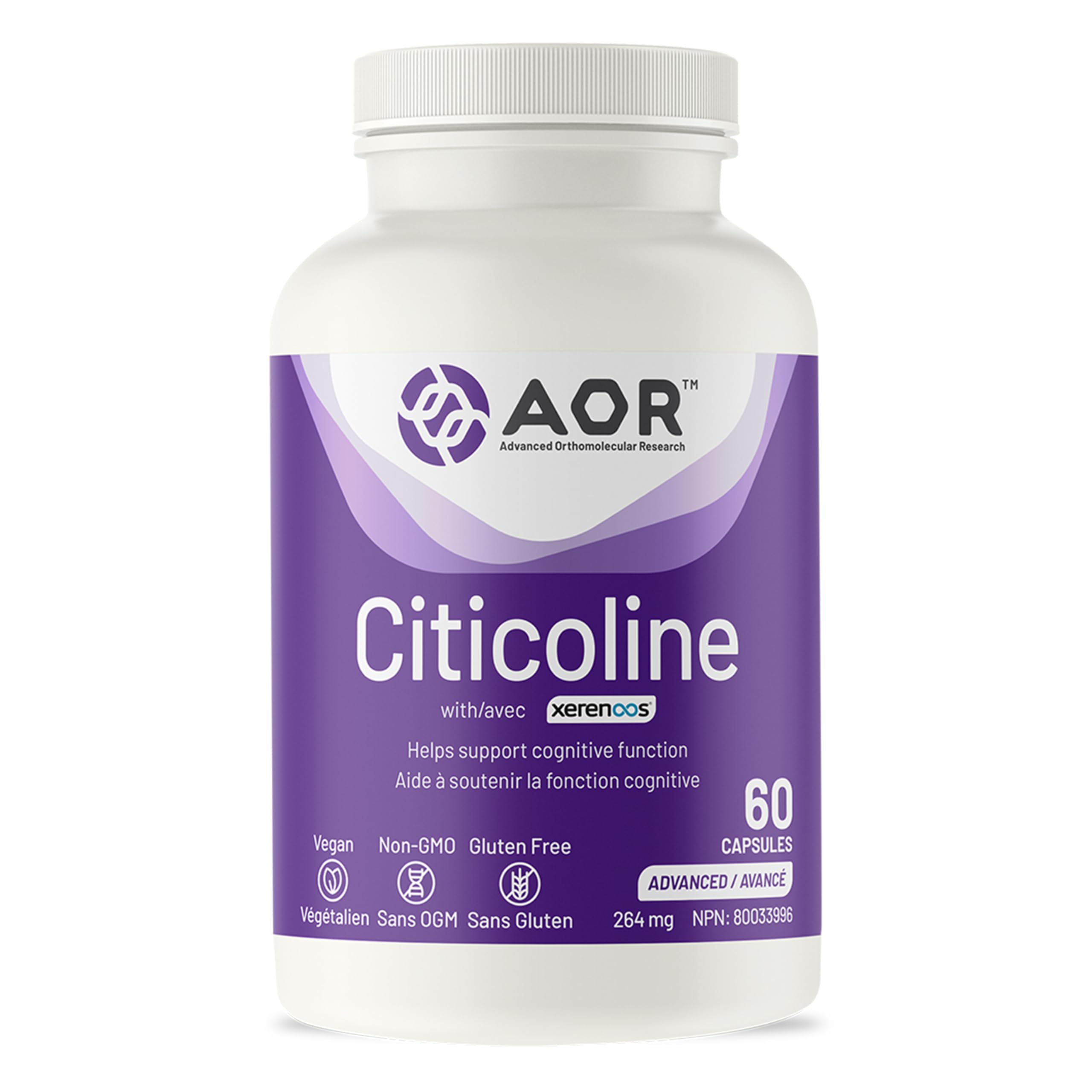AOR Xerenoos Citicoline, complément avec Bitartrate de choline, 60 capsules, cure de 30 jours – Favorise les fonctions cognitives, la concentration et la mémoire – Soutien des phospholipides pour la santé du cerveau – Sans OGM, végétalien et sans gluten