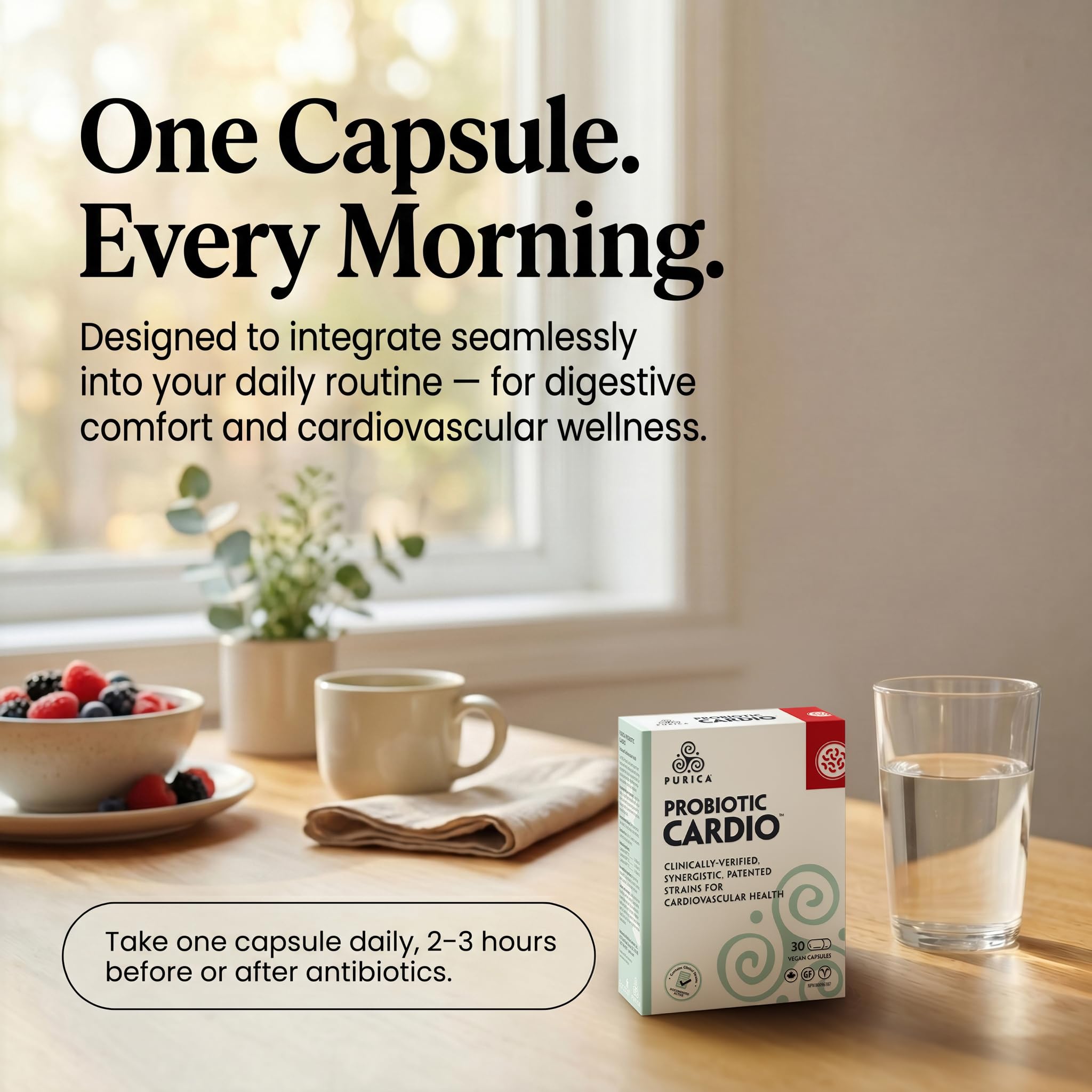 Purica Probiotic Cardio Formula 30 Veggie Capsules, Heart Function Support and Digestive Wellness with KABP Probiotic Strains 30 Day Supply For Adults