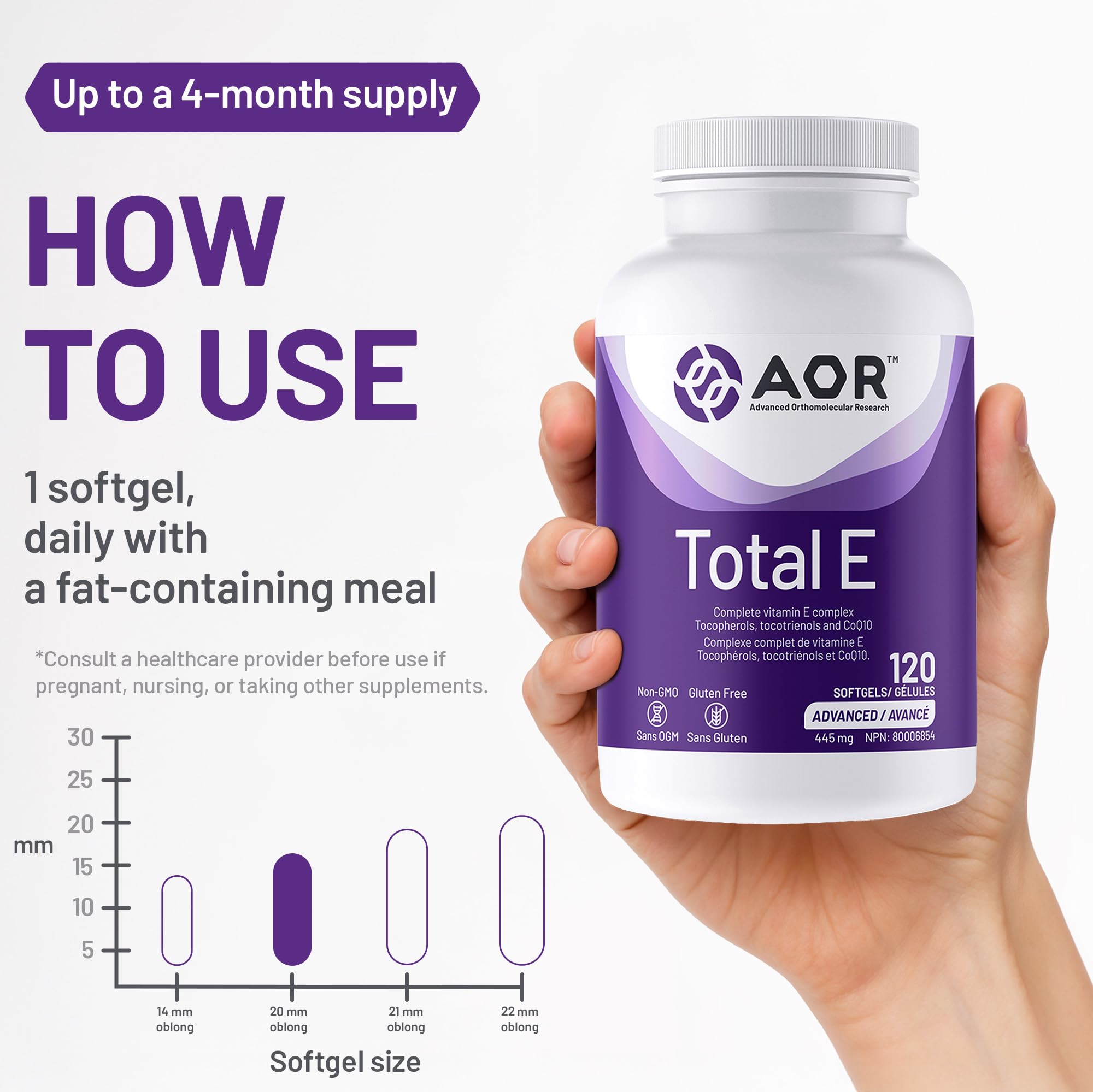 AOR Total E 445 mg, 60 gélules – Cure de 60 jours – Supplément de vitamine E avec tocotriénols et coenzyme Q10 ubiquinol CoQ10 – Soutien cardiovasculaire et antioxydant – Vitamine E8 pour la peau, le visage et les cheveux