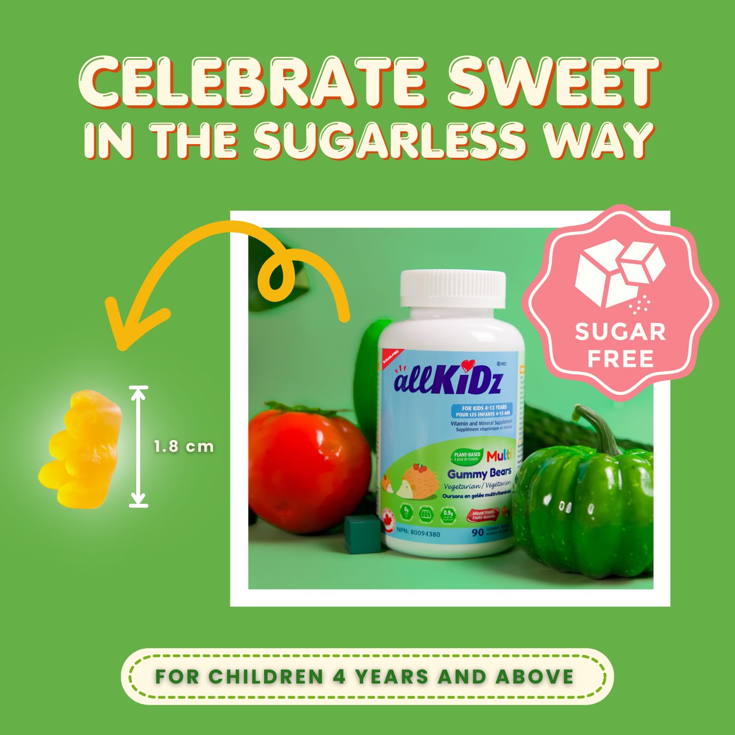 allKiDz Multivitamin Gummy Bears for Kids Children, Made in Canada, Plant-Based, Sugar-Free, Gelatin-Free, Complete Multi Vitamin Mineral Supplement, 11 Essential Nutrients Including Folate, Vitamin A, B, C, D3, E and Zinc for Immune Health, Natural Orang