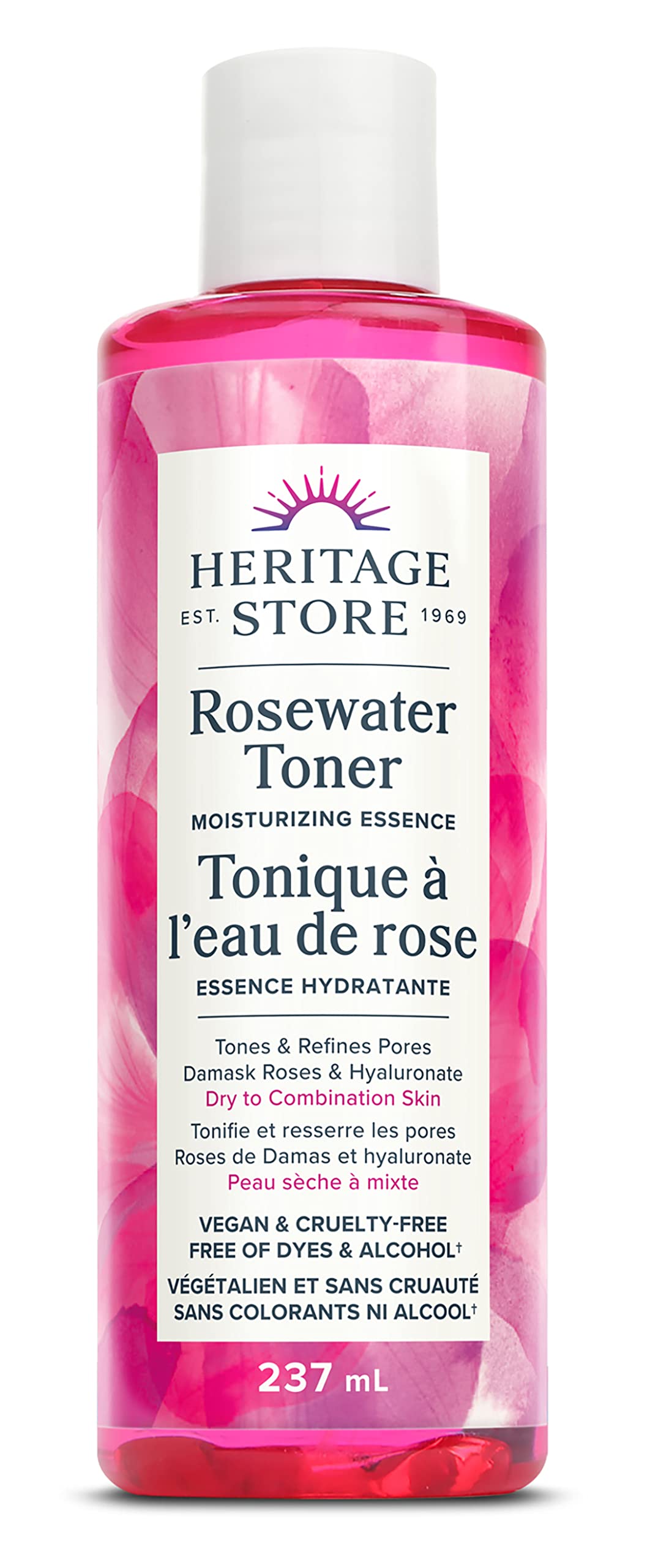 Heritage Store Rosewater Toner Essence Hydratante | Tonifie et affine les pores | Vegan et sans cruauté animale | Sans colorants ni alcool | 237ml, Transparent (Lot de 1)