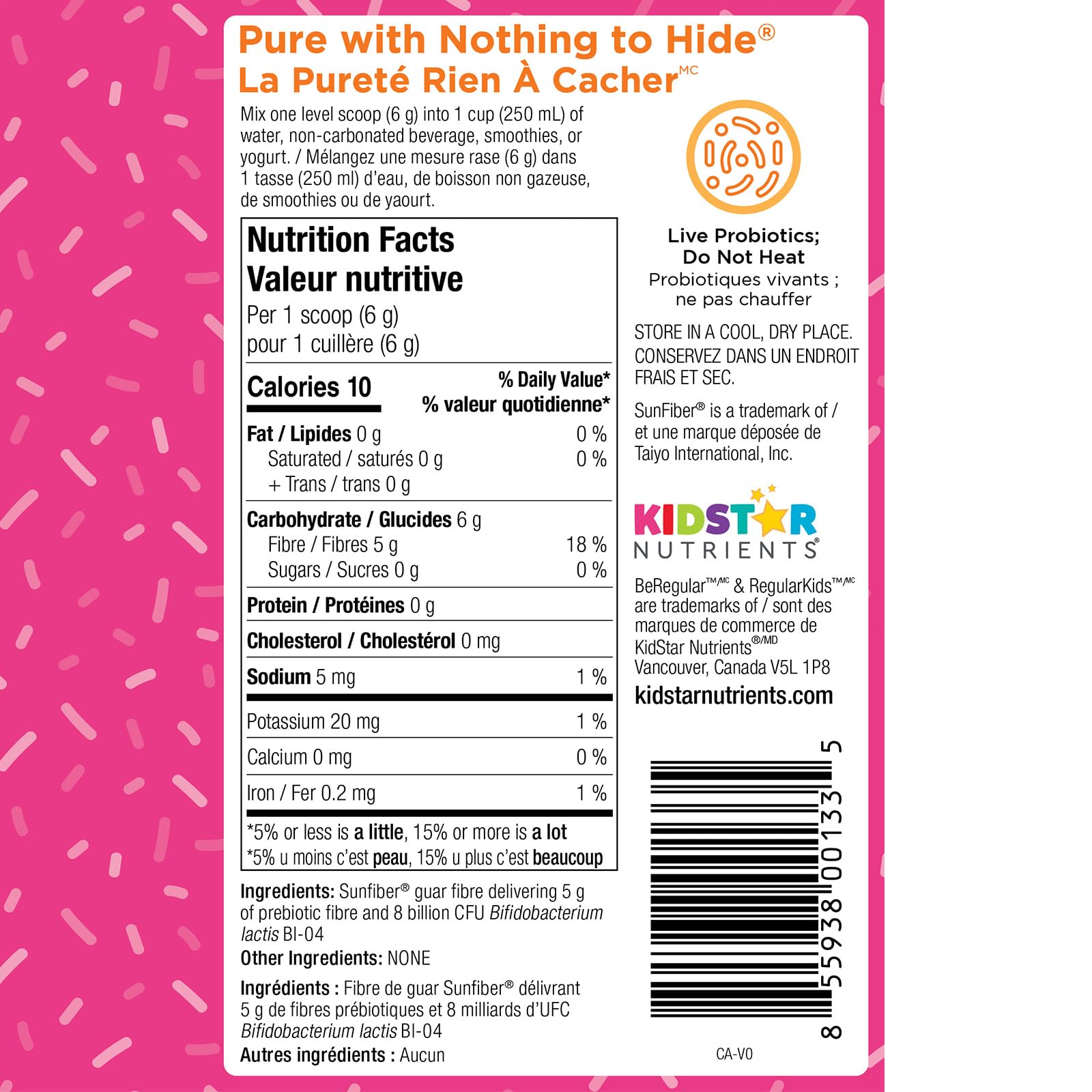 KidStar Nutrients - BeRegular Prebiotic Fibre & Probiotic Blend, 180g Unflavoured Powder 30-Servings - Supports Healthy Gut Microbiome & Support Gastrointestinal Health - No Sugar, No Gluten, Non-GMO
