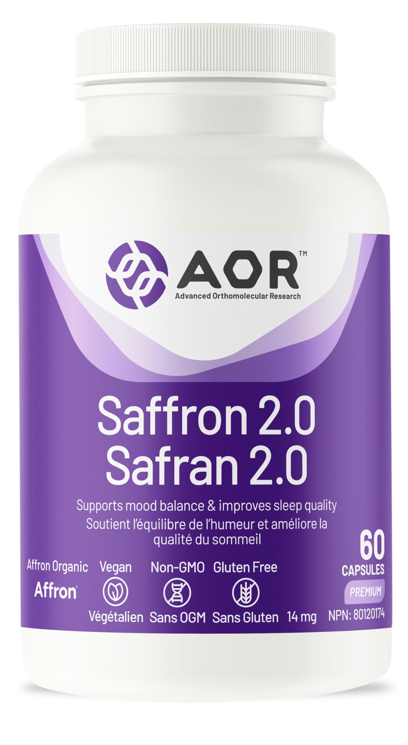 AOR - Saffron 2.0 Supplément, 60 gélules pour 30 jours - Favorise l'équilibre émotionnel, améliore la qualité du sommeil, la concentration et la clarté mentale, la vision et la santé oculaire - Végane, sans OGM et sans gluten