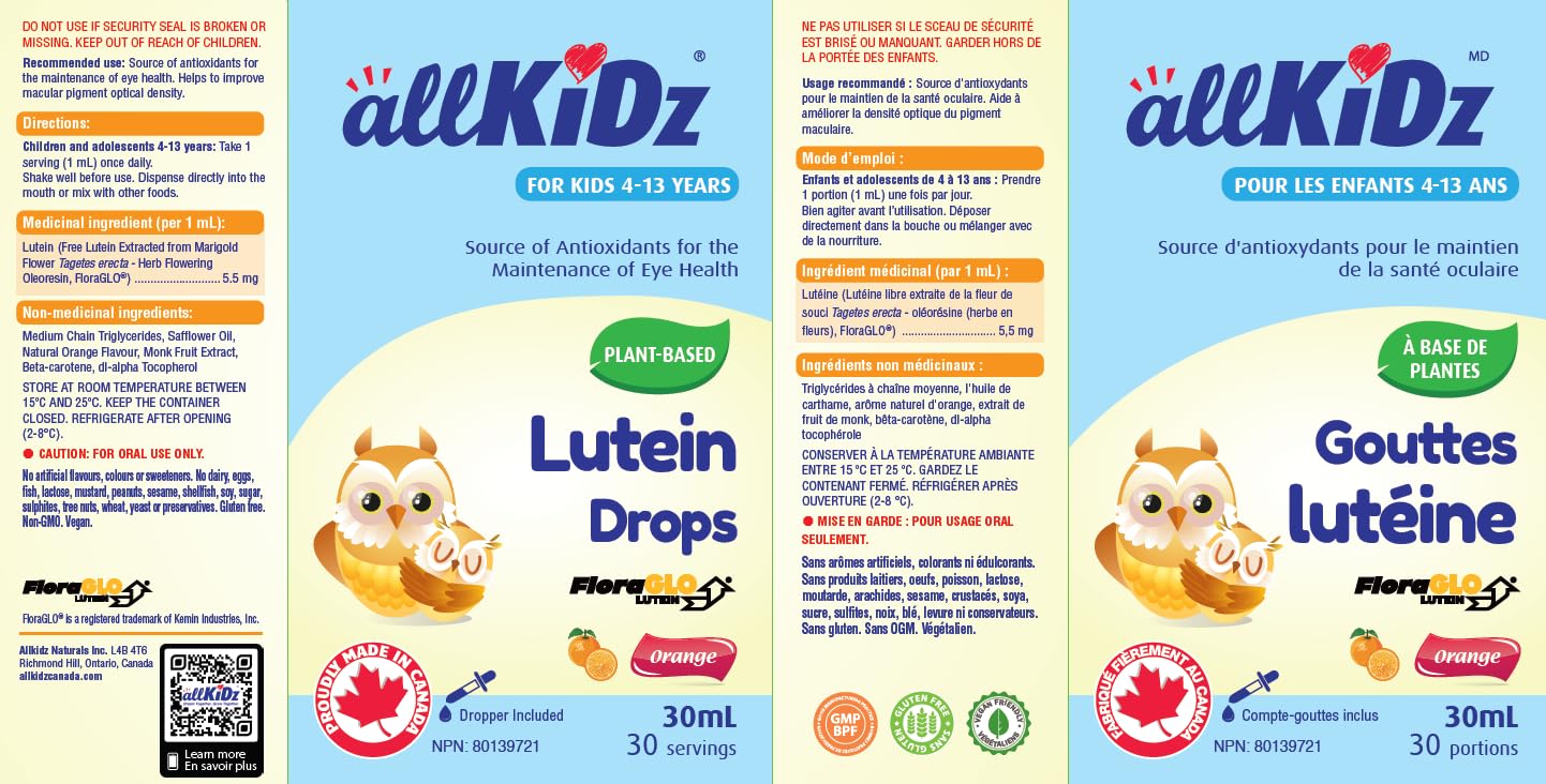 allKiDz Gouttes de lutéine pour enfants, soutien de la santé oculaire et de la vision, 5,5 mg de lutéine libre (FloraGLO) en supplément liquide, végétalien à base de plantes, sans conservateurs, sans sucre, saveur orange délicieuse, 30 ml = 30 jours