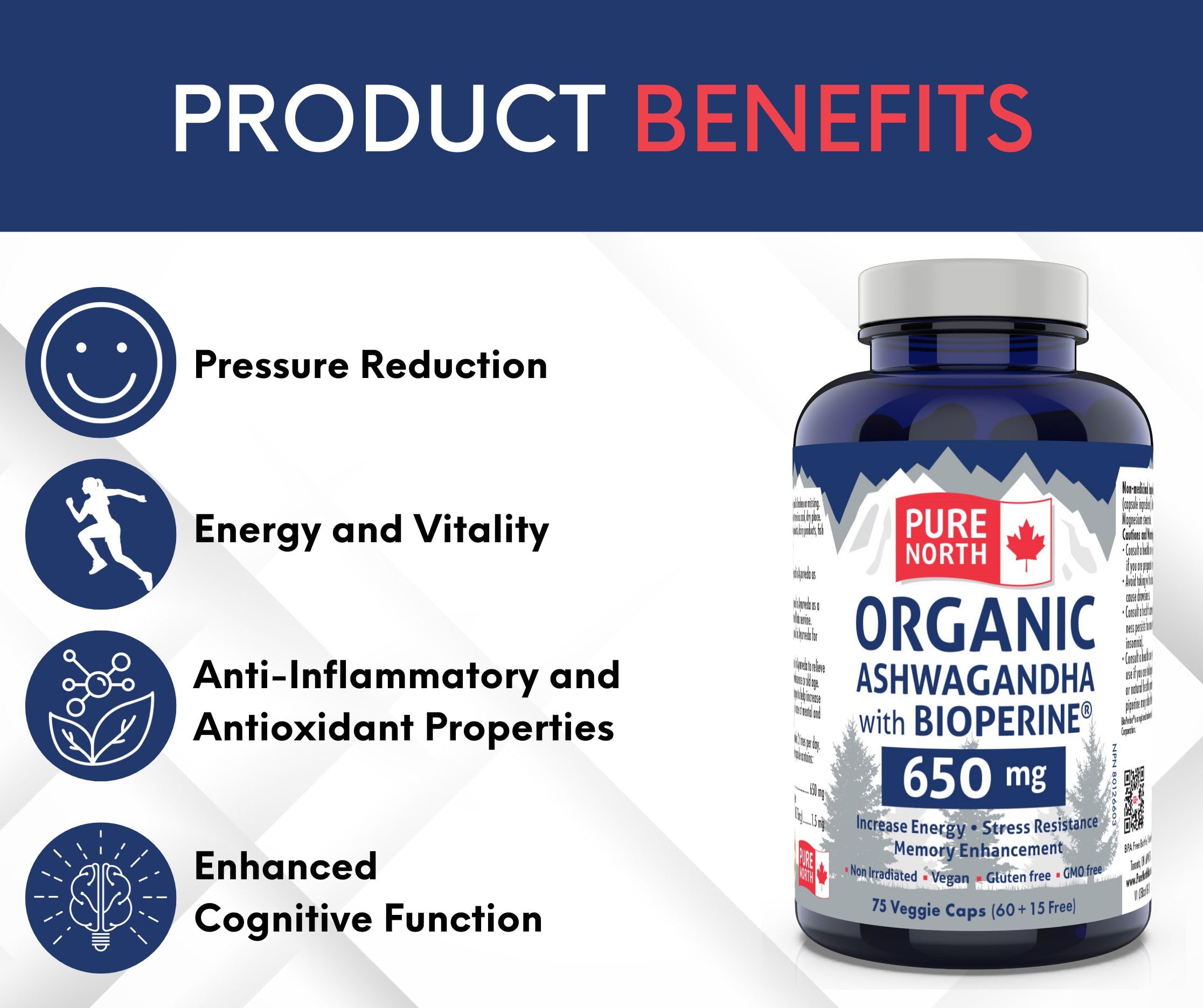 Pure North Naturals - Ashwagandha Bio avec BioPerine, 75 gélules végétaliennes - Améliore l'énergie, les fonctions cognitives et la mémoire - Testé par une tierce partie - Formulé et fabriqué au Canada