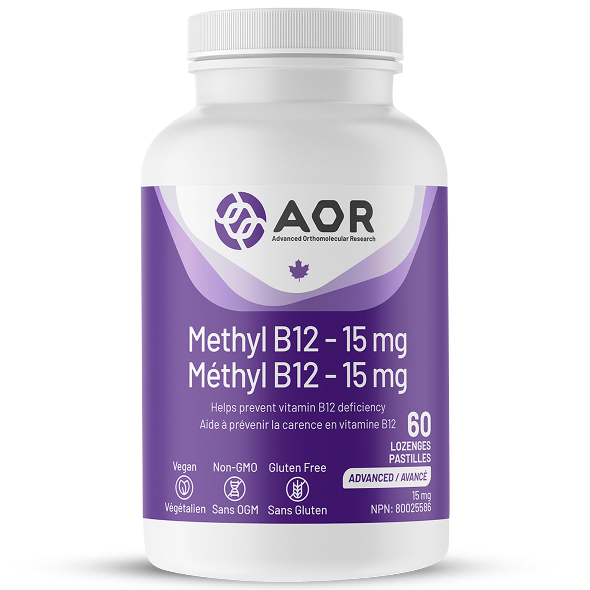 AOR - Méthyl B12, 60 pastilles - Vitamine B12 Méthylcobalamine - Complément favorisant la santé nerveuse - Supplément végétalien de B12 - Aide à prévenir la carence en vitamine B12 - Capsules de B12 méthylée