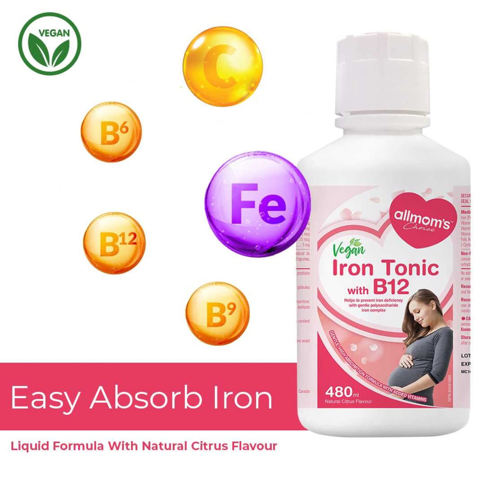 Supplément de fer liquide végétalien pour femmes enceintes avec les bienfaits de la vitamine B12 pour la formation de sang - Aide à prévenir la carence en fer avec un complexe de fer polysaccharidique doux pour l'estomac - 480 ml - Allmom's Choice