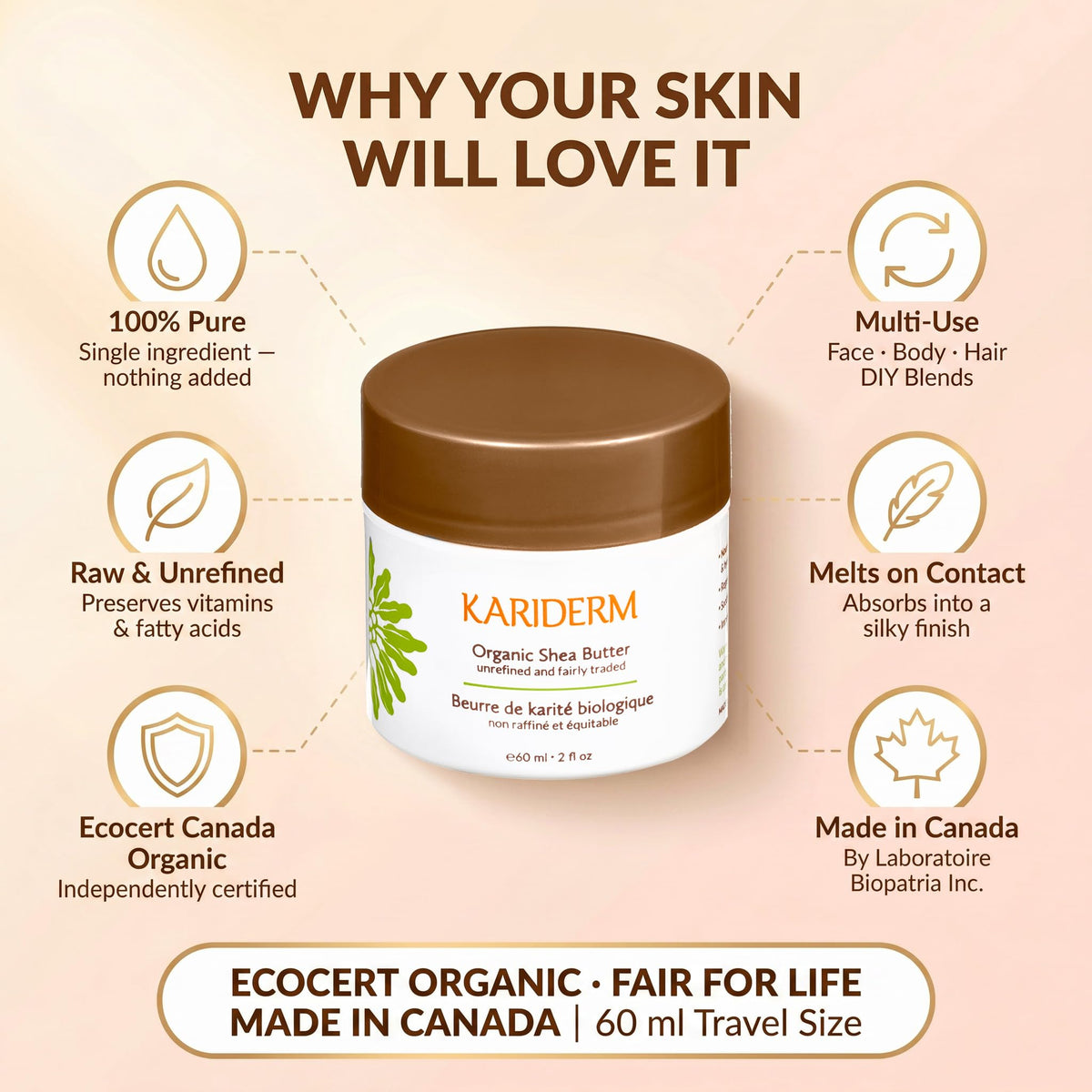 KARIDERM Organic Shea Butter 60ml Jar – Raw Unrefined Fair Trade Moisturizer for Radiant Skin & Hair – Rich in Nutrients & Vitamins – Canadian Made