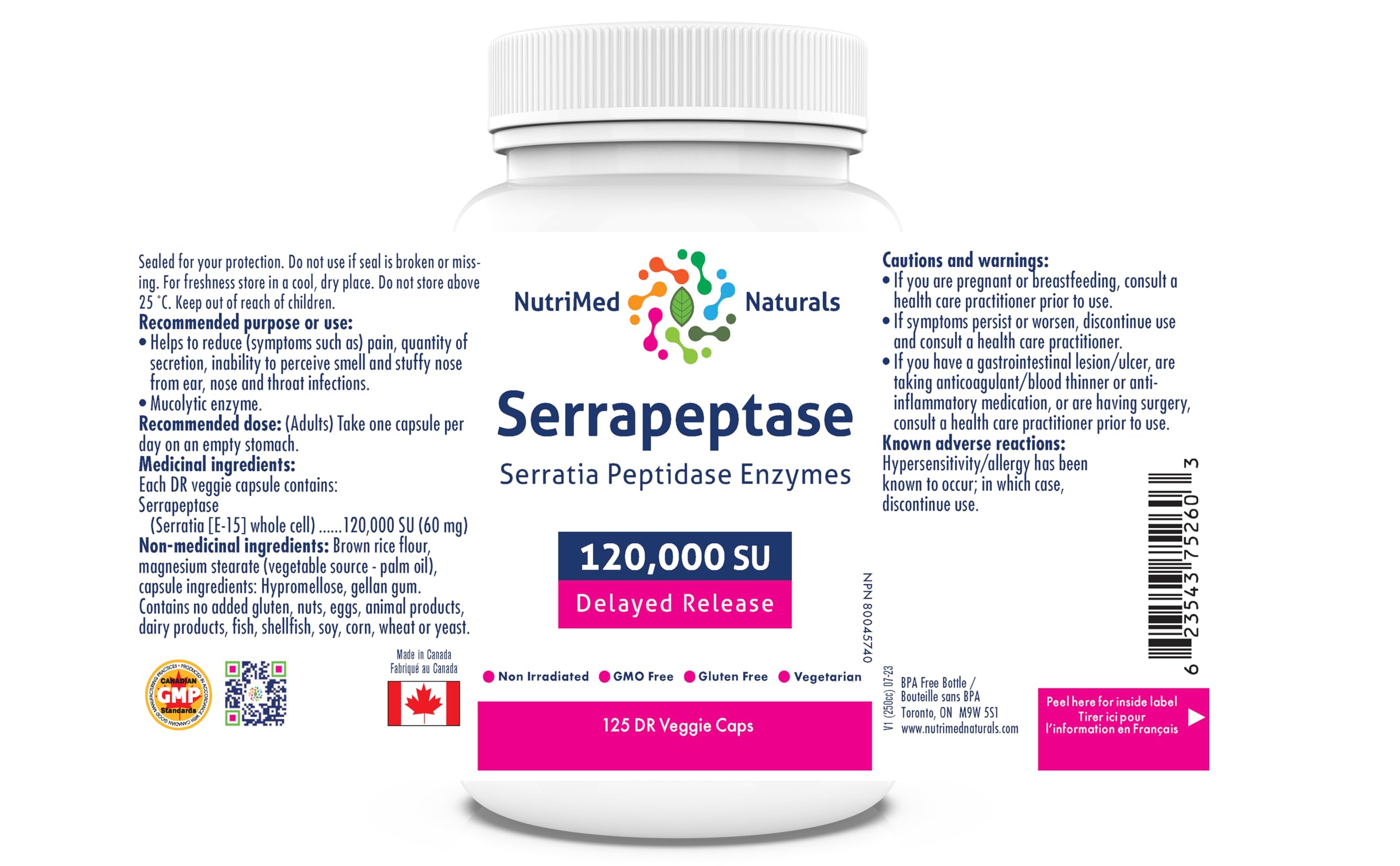 Nutrimed Naturals - Serrapeptase 120000, 125 Capsules 125-Day Supply - High Potency Systemic Enzyme Supplement, Serrapeptase Blend for Optimal Health - 3rd Party Tested - Formulated and Made in Canada