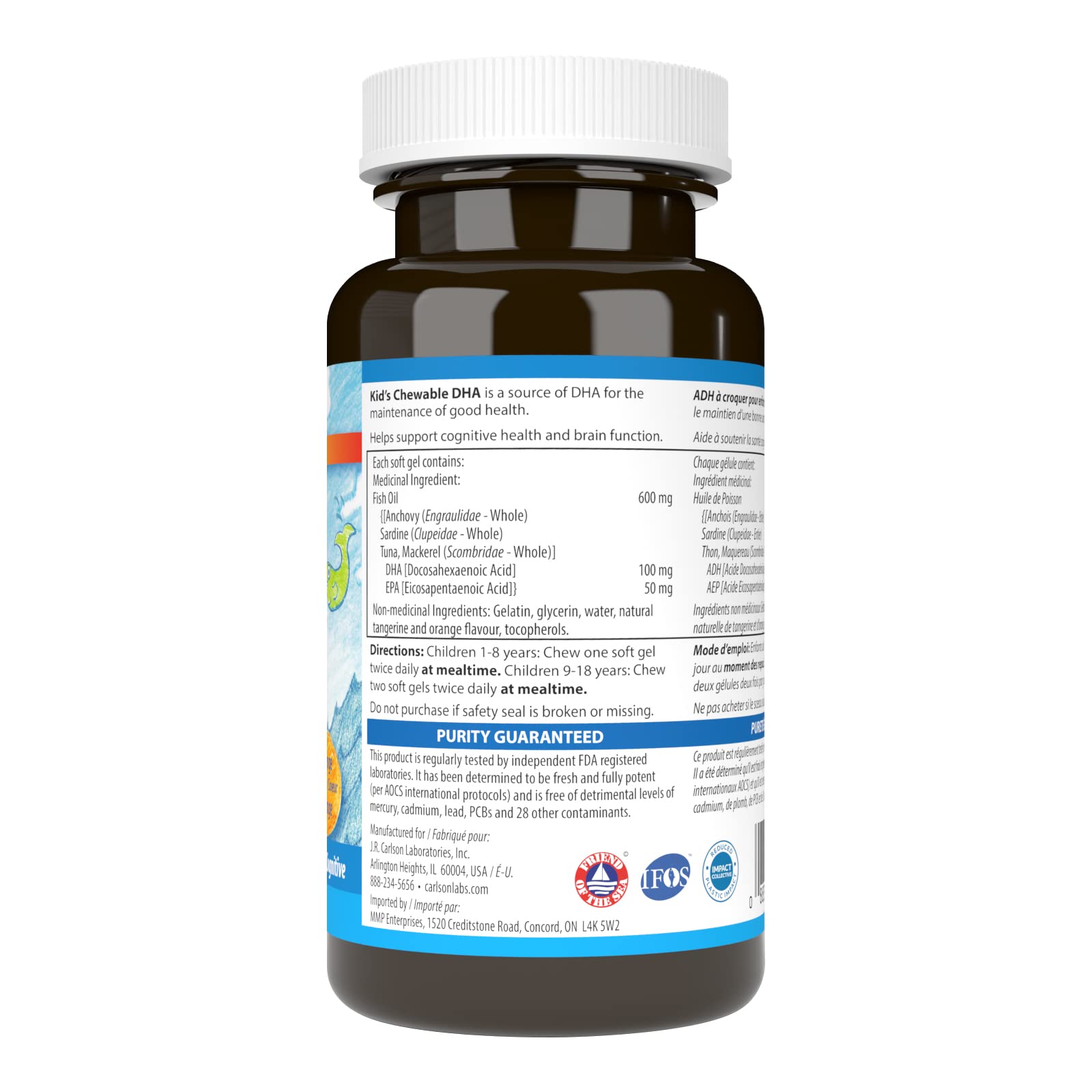 Carlson - DHA à croquer pour enfants, 100 mg de DHA, Croissance et développement, Norvégien, Sauvage, Source durable, Orange