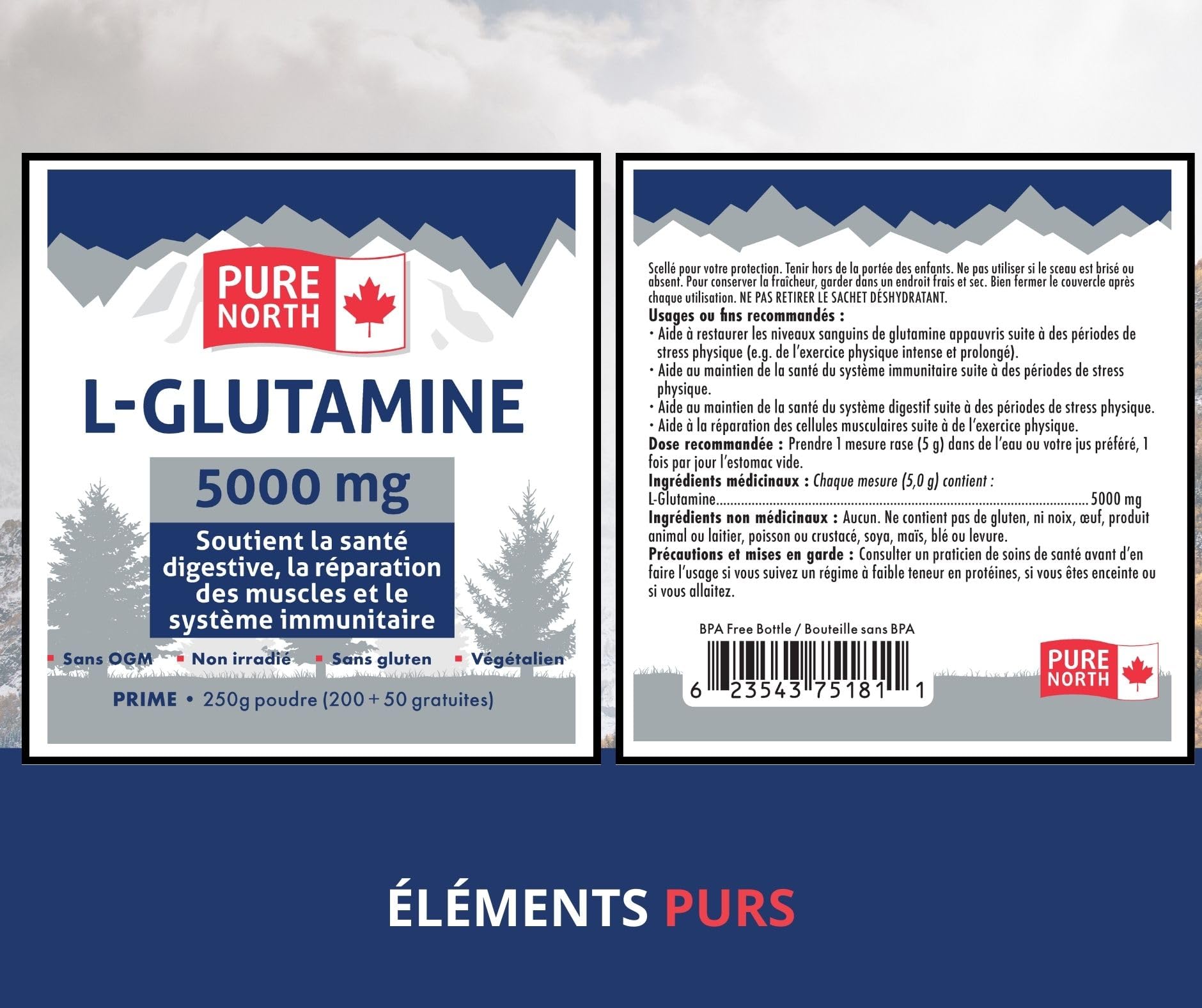 Pure North Naturals - L-Glutamine 5000mg, 250g Powder 50-Servings - Gut Health and Digestive Health - Support Muscle Repair & Support Immune System - 3rd Party Tested - Formulated & Made in Canada