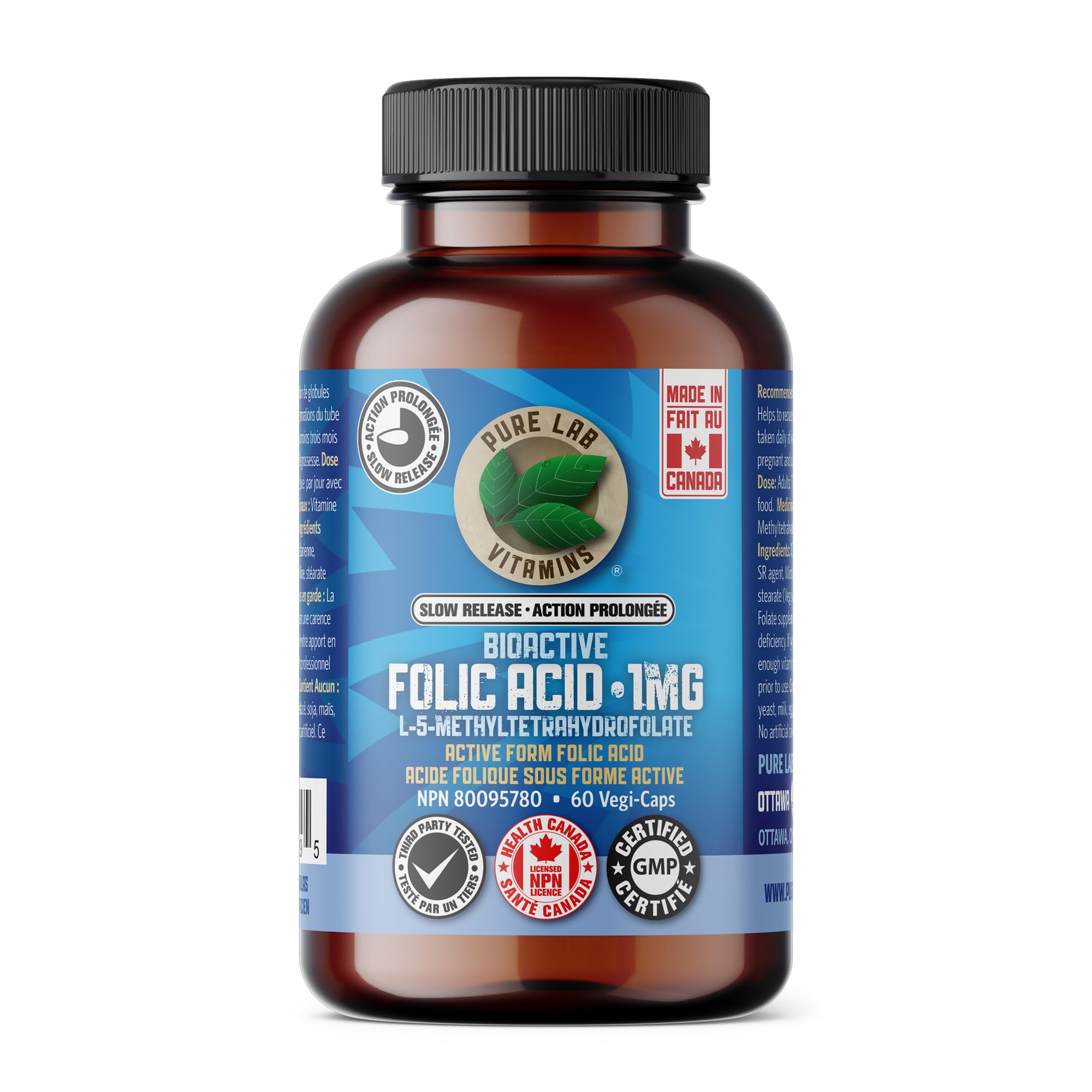 Pure Lab Vitamins BioActive Folic Acid (L-5-methyltetrahydrofolate) 50 mg - Slow Release - 60 Vegi-Caps