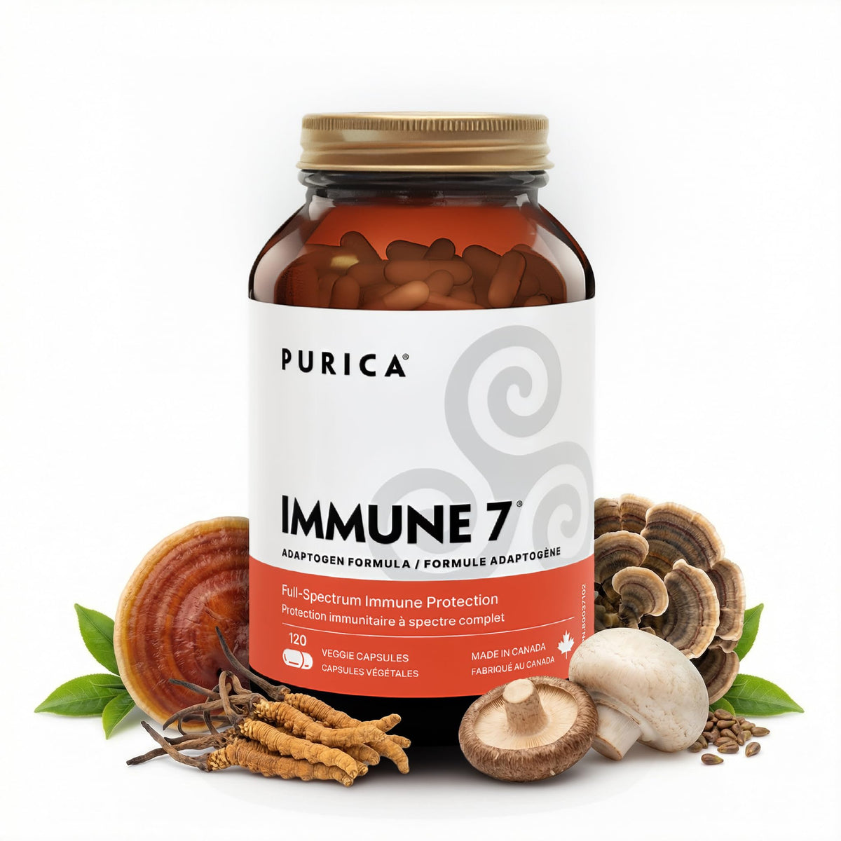 PURICA Immune 7 Mushroom Supplement, Turkey Tail, Reishi, 120 Capsules