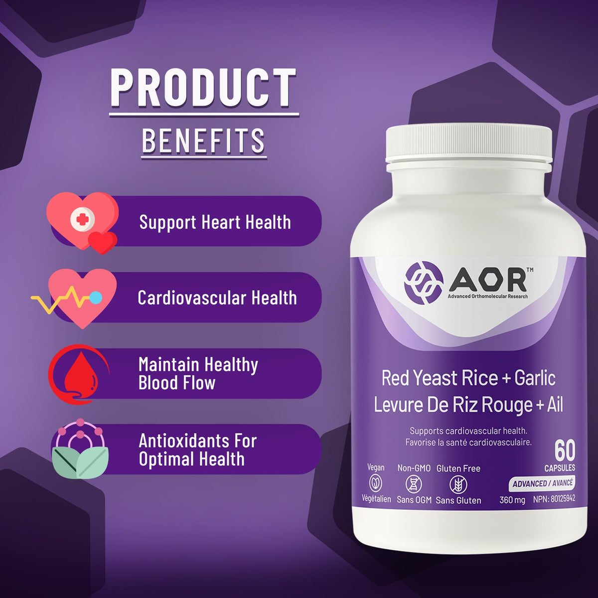 AOR Red Yeast Rice, Garlic Extract, Cholesterol, Heart Health, 60 Capsules