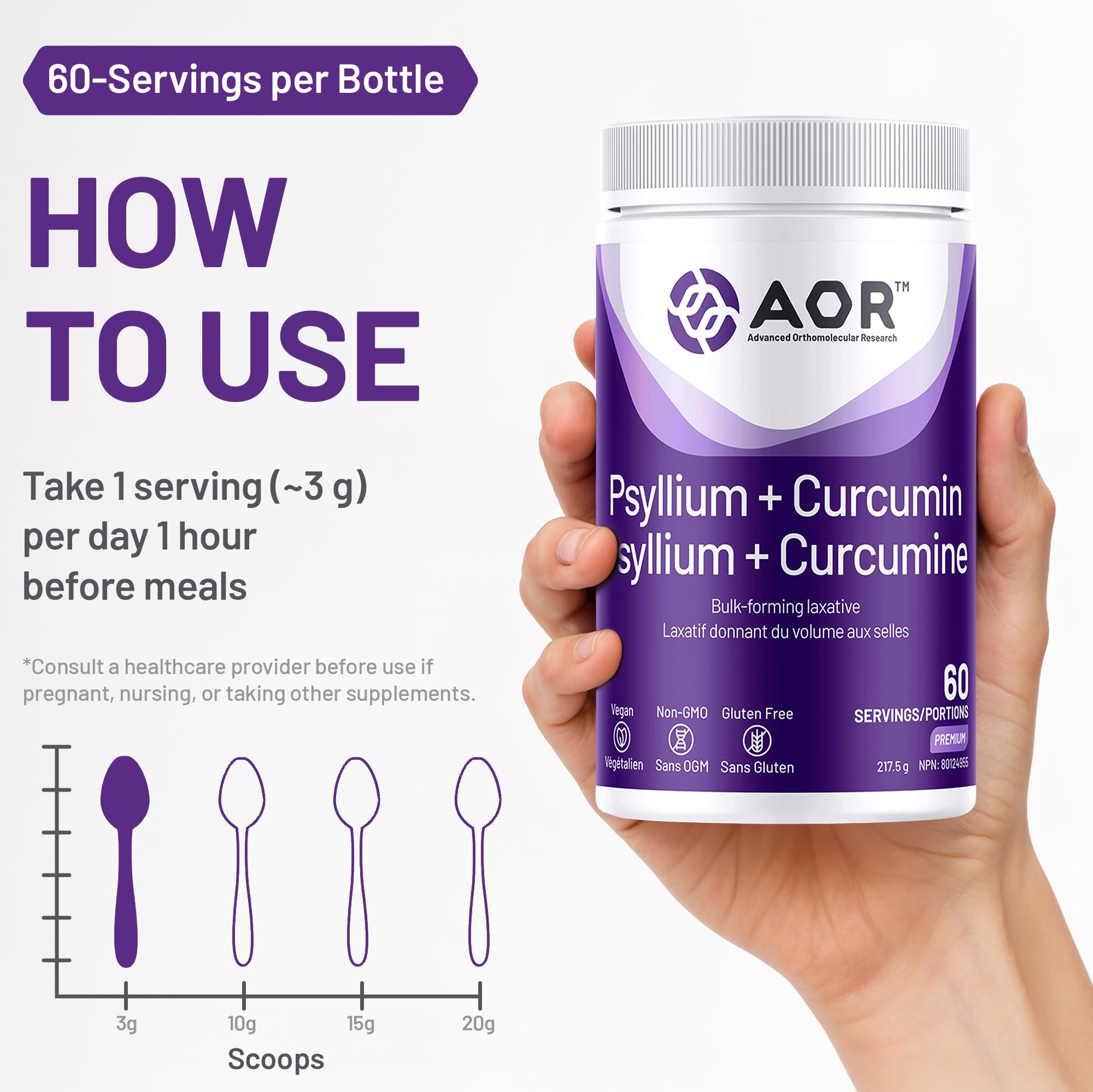 AOR Écorce de psyllium + Curcumine en poudre 217,5g 60 portions, Saveur citron rafraîchissante, Favorise la régularité, la mobilité articulaire, l'équilibre digestif et le bien-être quotidien avec des fibres naturelles, Végétalien, Sans OGM, Sans gluten