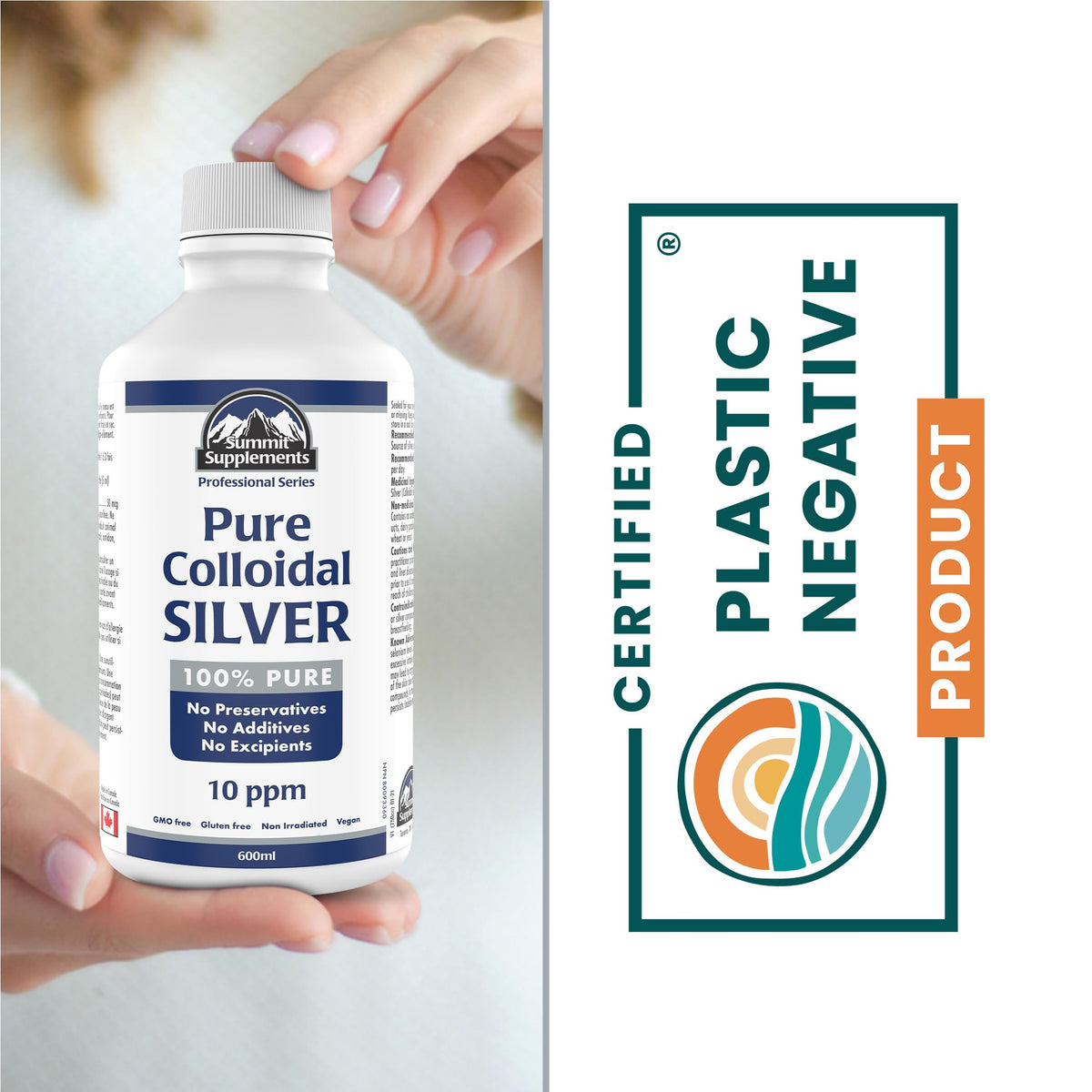 Pure Colloidal Silver Liquid 600ml Family Size, 120 Servings, 10 ppm Trace Mineral Drops, Neutral Taste, Multipurpose Daily Use for Skin & Wellness, Proudly Canadian, Plastic Negative, Vegan, GMO-Free