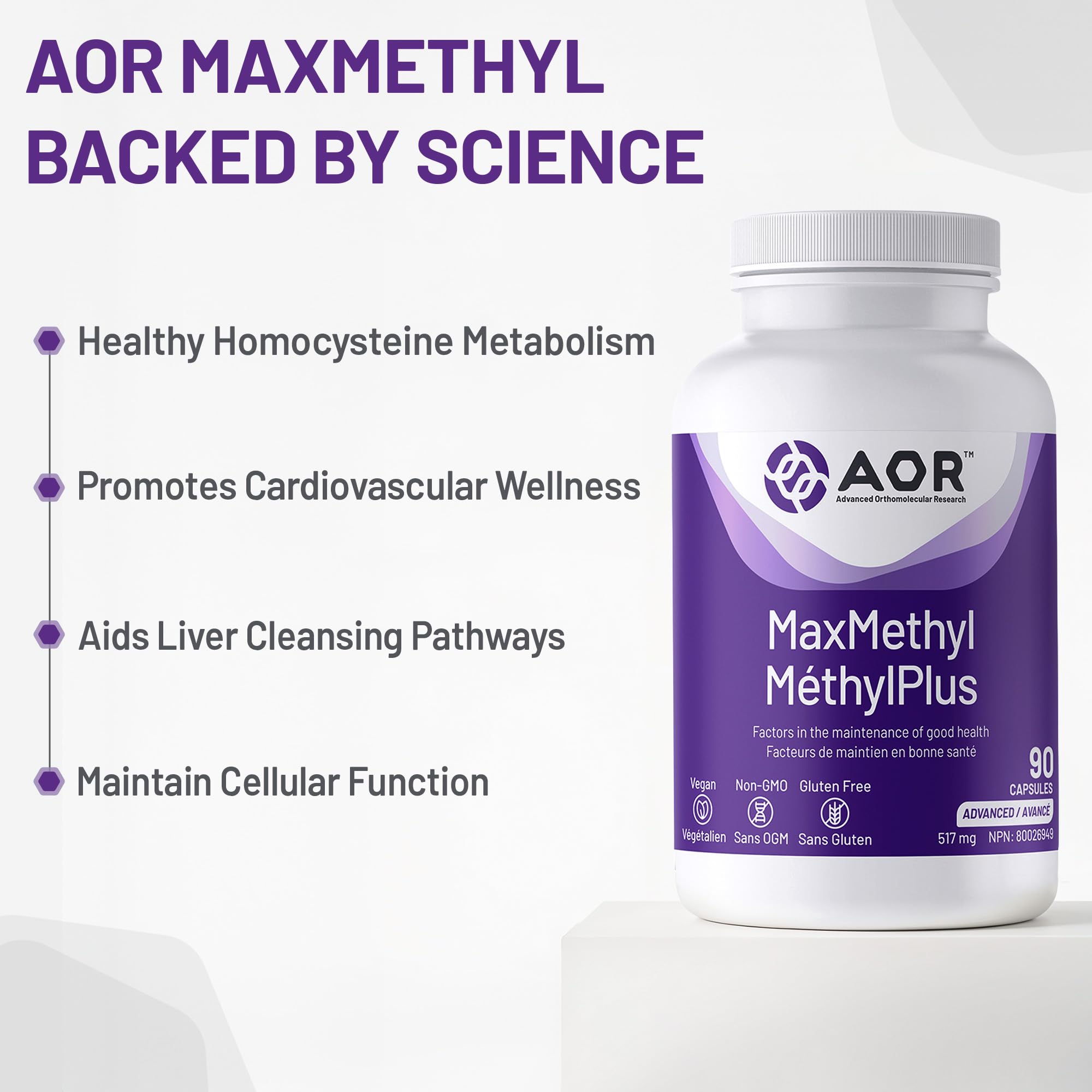 AOR Max Methyl 517mg, 90 gélules végétaliennes, 30 jours d'approvisionnement - Acide folique avec vitamine B6 active (P5P) & méthylcobalamine (vitamine B12), sans OGM, méthylation équilibrée et développement sain des globules rouges