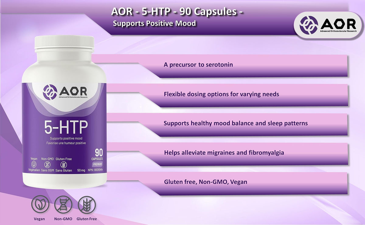 AOR 5-HTP Supplement, Vegan, Unflavoured, 50 mg, 90 Capsules, 30-Day Supply