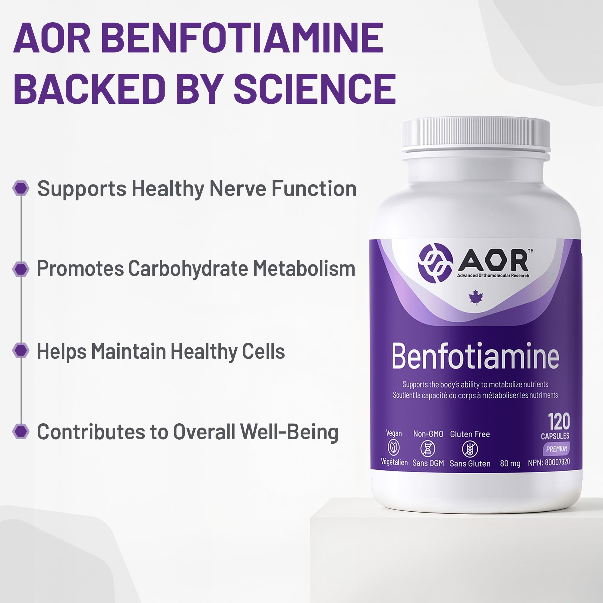 AOR Benfotiamine Vitamin B1 80mg 120 Caps 120-Day Supply - Vitamin B Complex Supplement - Vegan, Non-GMO, Gluten-Free - Easy-to-Swallow - Supports Energy Production, Healthy Metabolism and Circulation