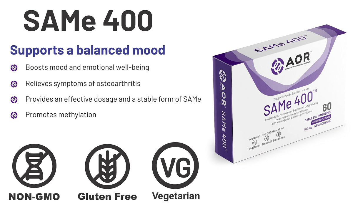 AOR SAMe 400mg Tabs, Helps Relieve Osteoarthritic Pain, Joint Pain, 60 Tabs