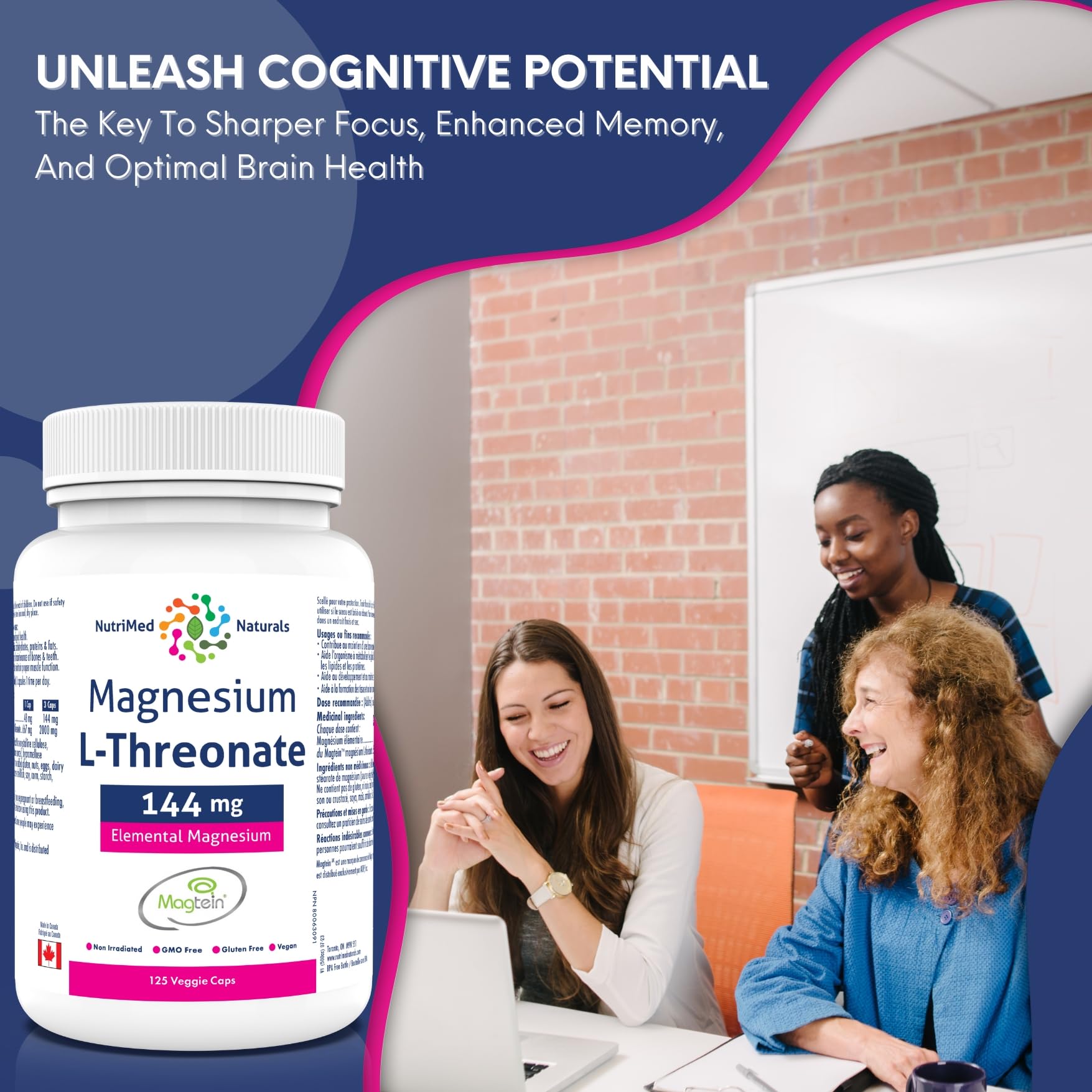 Nutrimed Naturals - Supplément de Magnésium L-Thréonate Élémentaire 144mg 125 Gélules, 48 Jours d'Approvisionnement - Concentration Accrue, Mémoire Améliorée & Santé Cérébrale Optimale - Testé par un Tiers - Formulé et Fabriqué au Canada