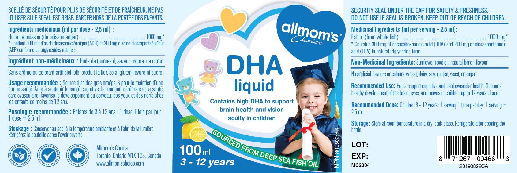 DHA for Kids - No Fishy Taste, Age 3 to 12, Non GMO - Helps Kids Brain Development and Focus, Improves Mood - 300 mg DHA, 200 mg EPA from 1000 mg Omega 3 Fish Oil - 40 Days Supply - Allmom's Choice