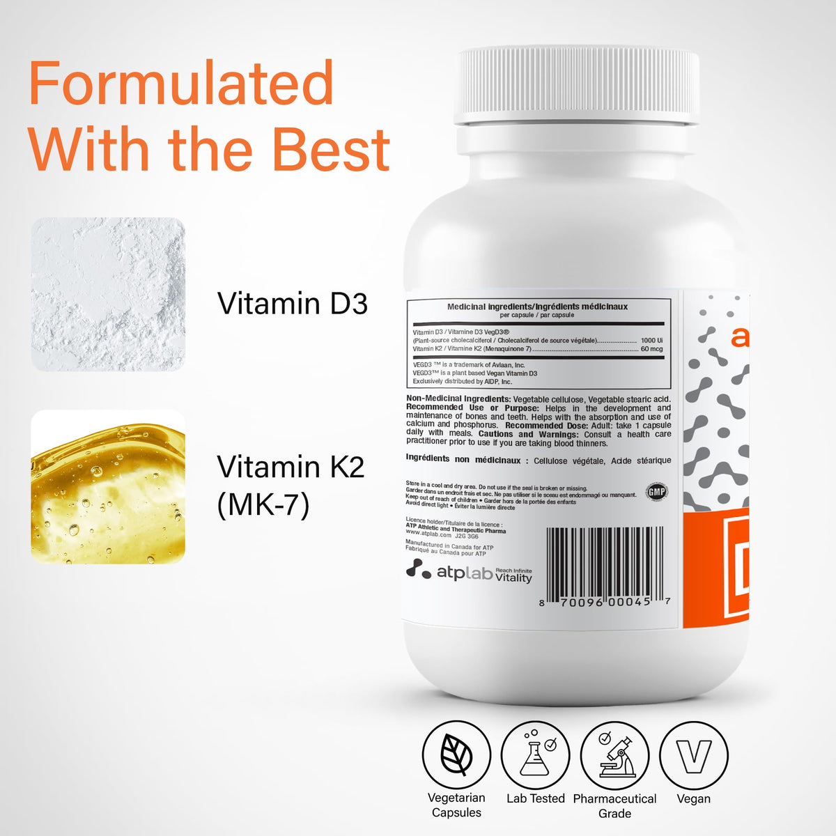 atplab Vitamin D3 K2 Capsules, 1000 IU, 60 Capsules, 60 Day Supply