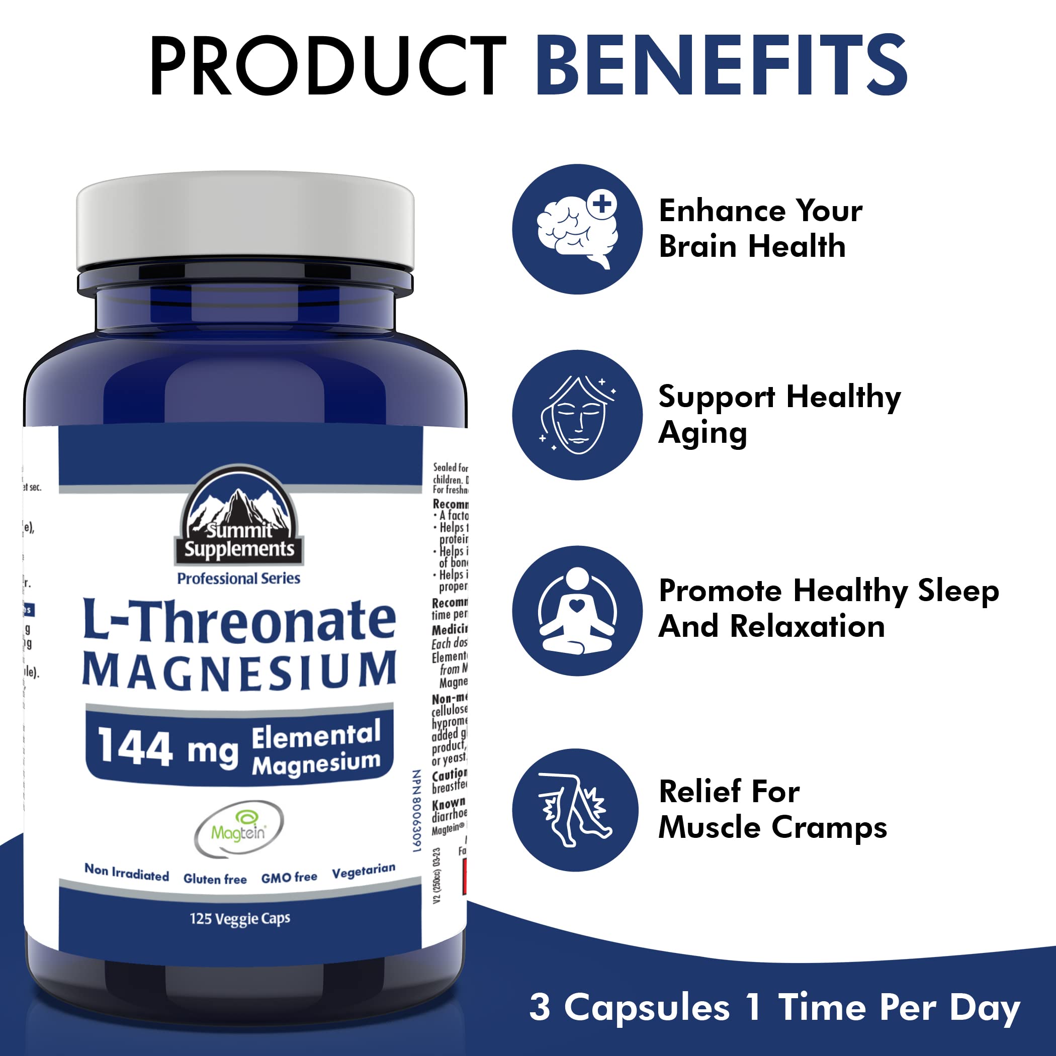 Proudly Canadian & Plastic Negative - Magtein Magnesium L-Threonate 125 Vegan Capsules 41-Day Supply - Brain Health, Promote Healthy Sleep & Relaxation - 3rd Party Tested - Formulated & Made in Canada