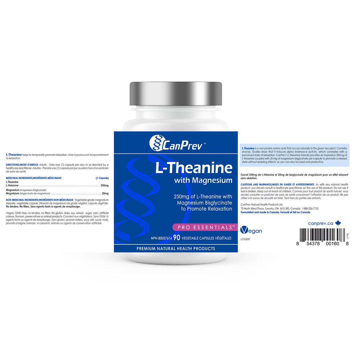 CanPrev L-Theanine with Magnesium, Vegan, 250 mg L-Theanine, 90 Capsules