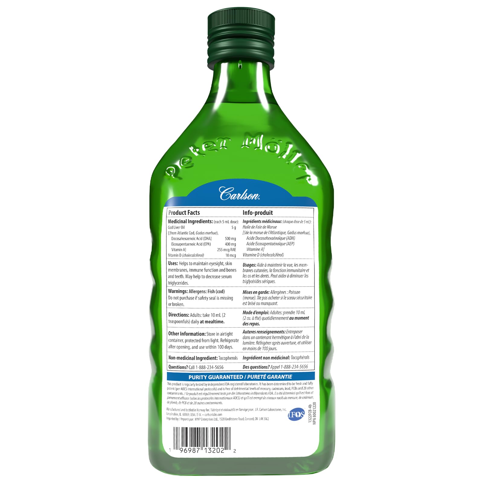Carlson - Huile de foie de morue, 1100 mg d'oméga-3 + A et D3, huile de foie de morue arctique norvégienne sauvage, huile de poisson nordique liquide issue de la pêche durable