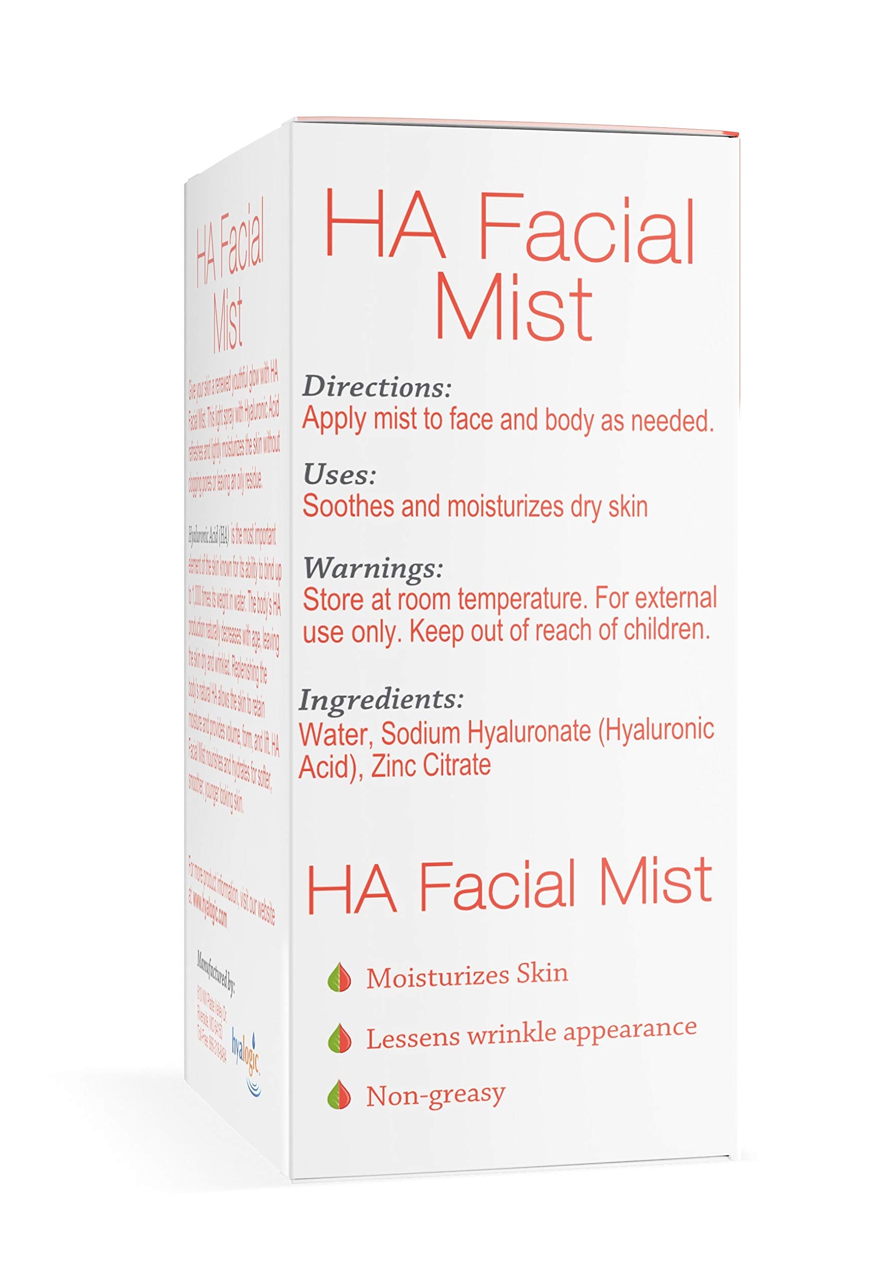 Hyalogic - Brume Visage à l'Acide Hyaluronique en Spray 59ml - Enrichie en Super Hydratant - Hydrate et Humidifie la Peau - Raffermit la Peau, Soutient l'Élasticité et l'Hydratation de la Peau - Convient aux Vegans