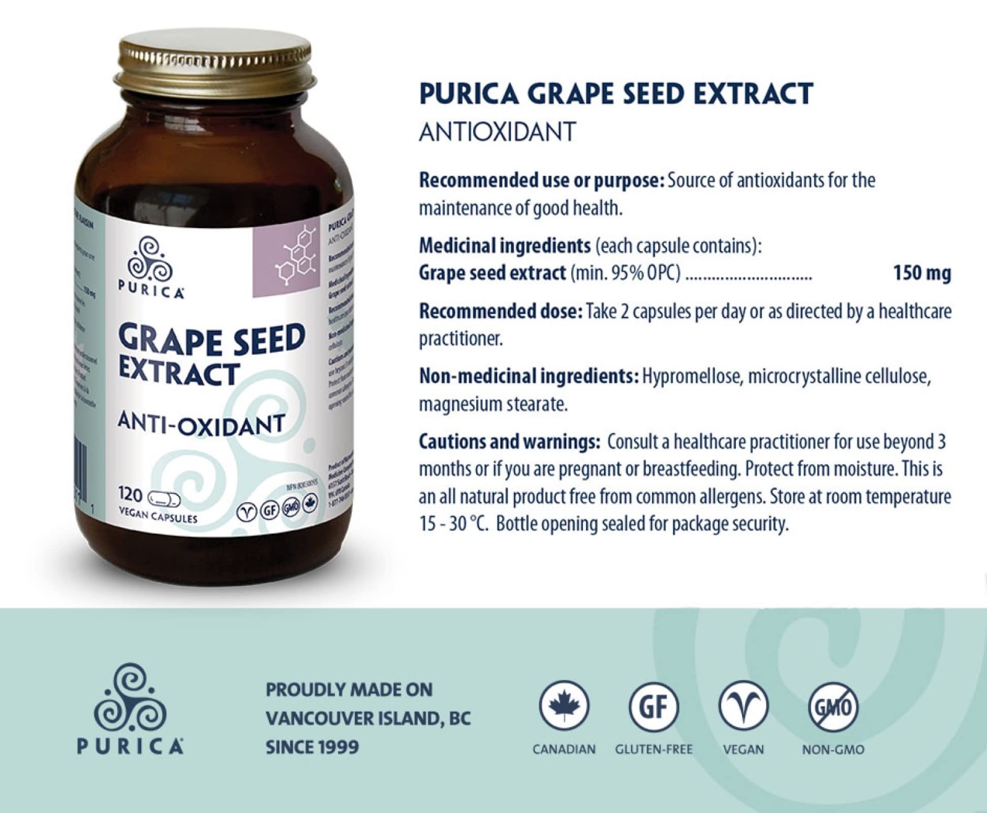 PURICA - Extrait de pépins de raisin, 120 capsules végétaliennes, cure de 60 jours - Source d'antioxydants pour le maintien d'une bonne santé, mélange concentré de proanthocyanidines standardisées - Sans OGM et sans gluten