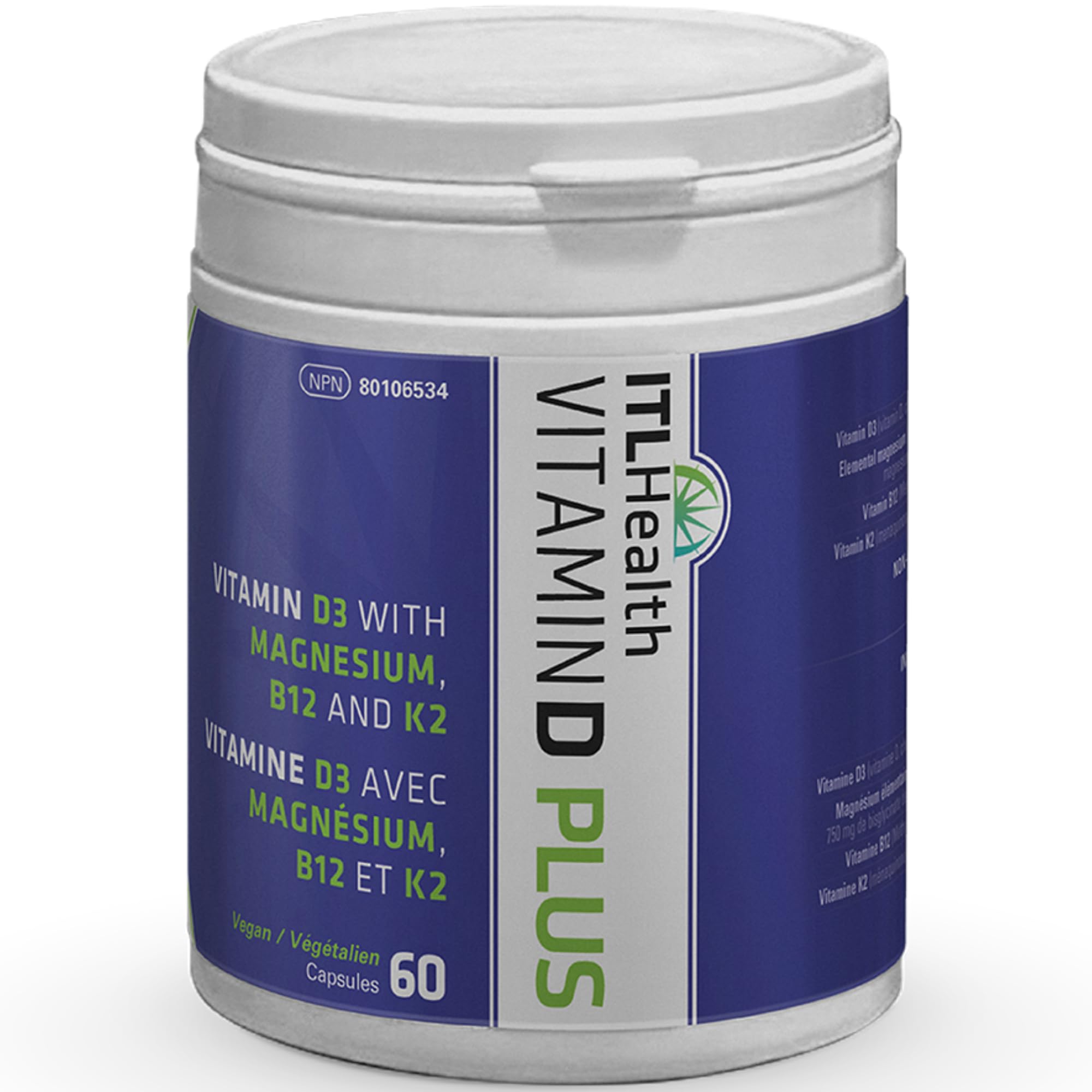 ITL Health Vitamin D3 K2 Magnesium & B12 Supplement | Plant Based Vitamin D 500iu, K2 MK7 20mcg, Elemental Magnesium 75mg, B12 250mcg | Non-GMO, Vegan & Made in Canada - 60 Capsules