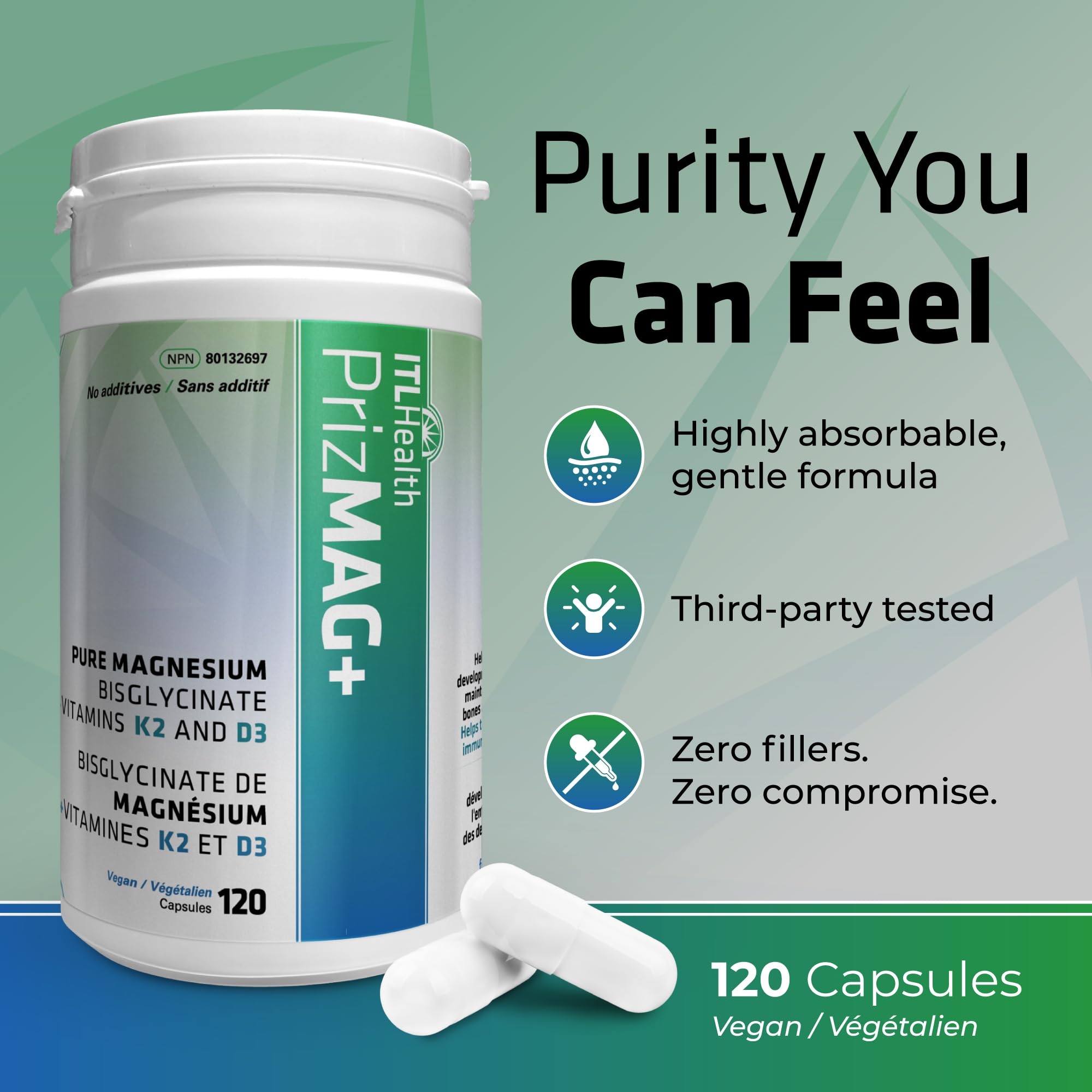 PrizMAG Magnesium Bisglycinate - Chelated Form for High Absorption, with Added Vitamin D3 & K2, Capsules for Bone & Muscle Support - No Fillers or GMOs | Made in Canada