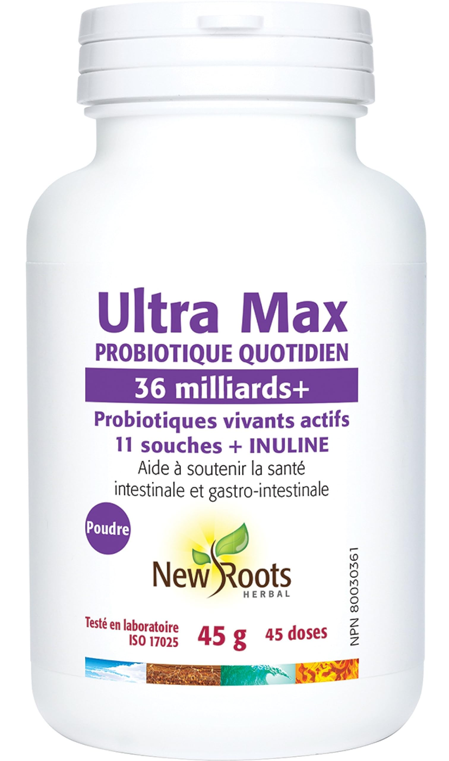New Roots Herbal Ultra Max Daily Care Probiotic Powder 45g 45-Servings - 36 Billion+ Active Cultures & 11 Beneficial Strains with Inulin, Digestive Support Supplement for Men & Women, Non-GMO Formula