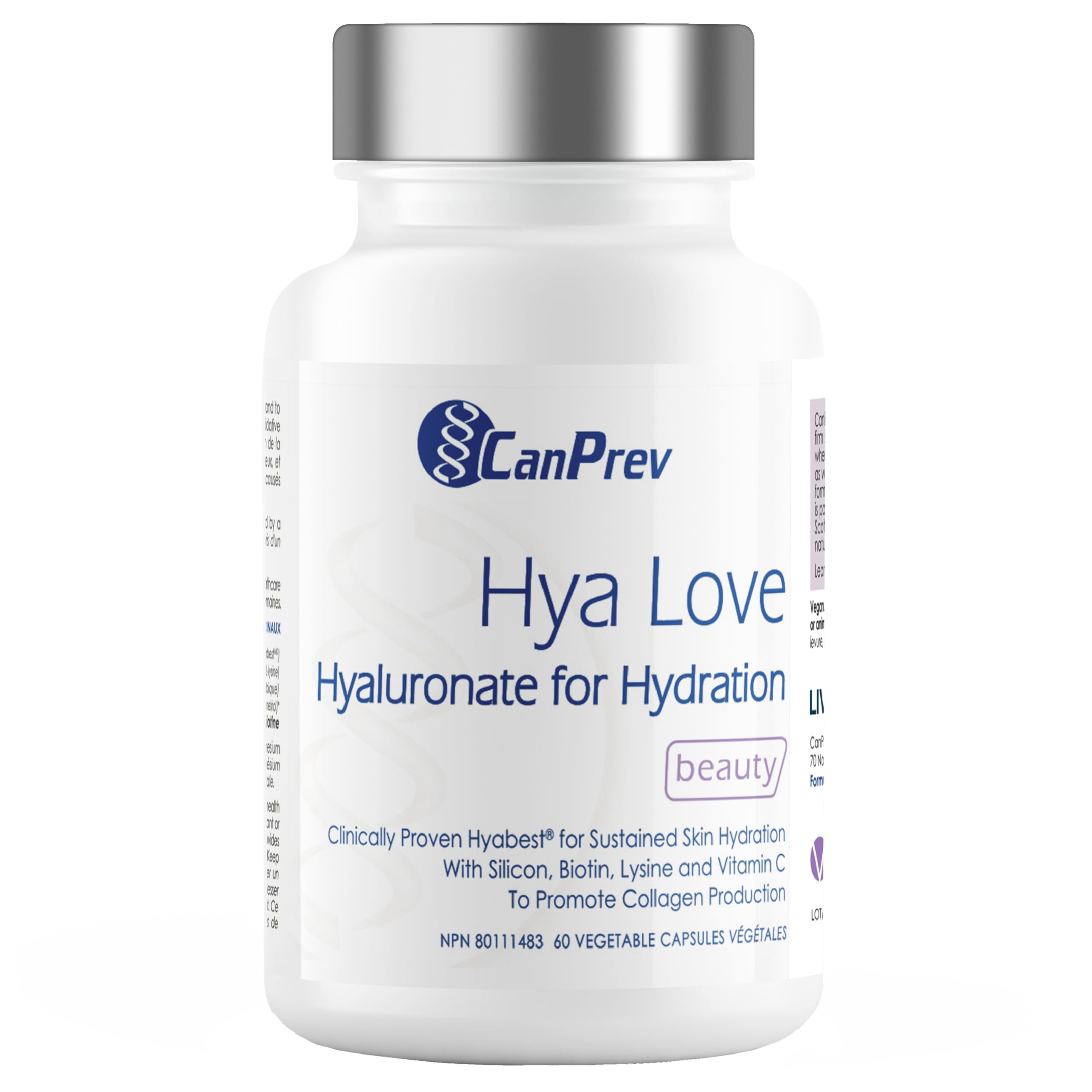 CanPrev - Hya Love Hyaluronate pour l'hydratation et la beauté, 60 V-Caps, 30 jours de traitement - Aide à la formation de collagène - Aide à maintenir la santé des cheveux, des ongles, des muqueuses et l'hydratation de la peau
