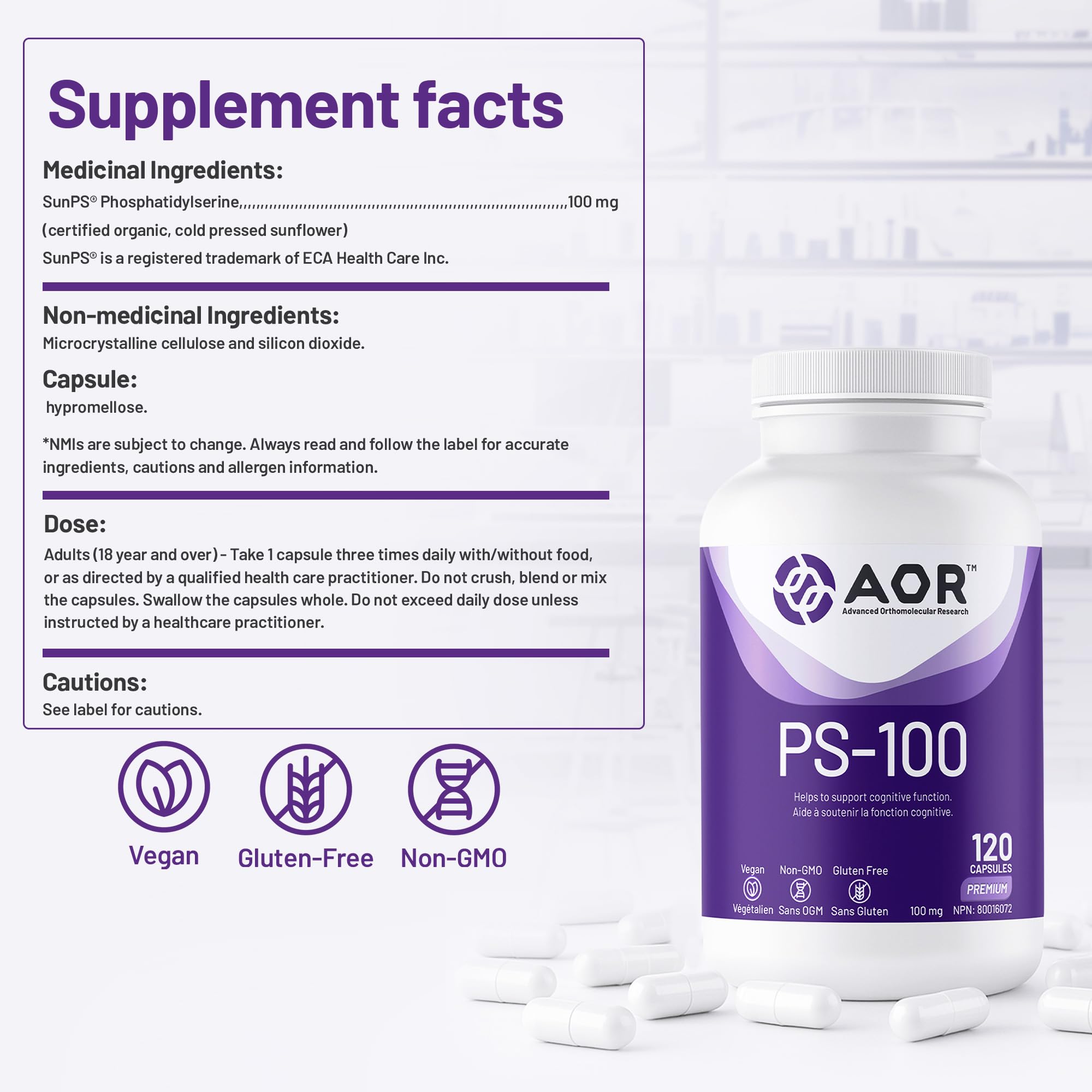 AOR - PS-100 Phosphatidylserine 100mg, 60 gélules - Supplément de phosphatidylsérine pour la santé de la mémoire, suppléments de concentration et supplément cognitif - Suppléments de soutien cérébral pour la mémoire et la concentration