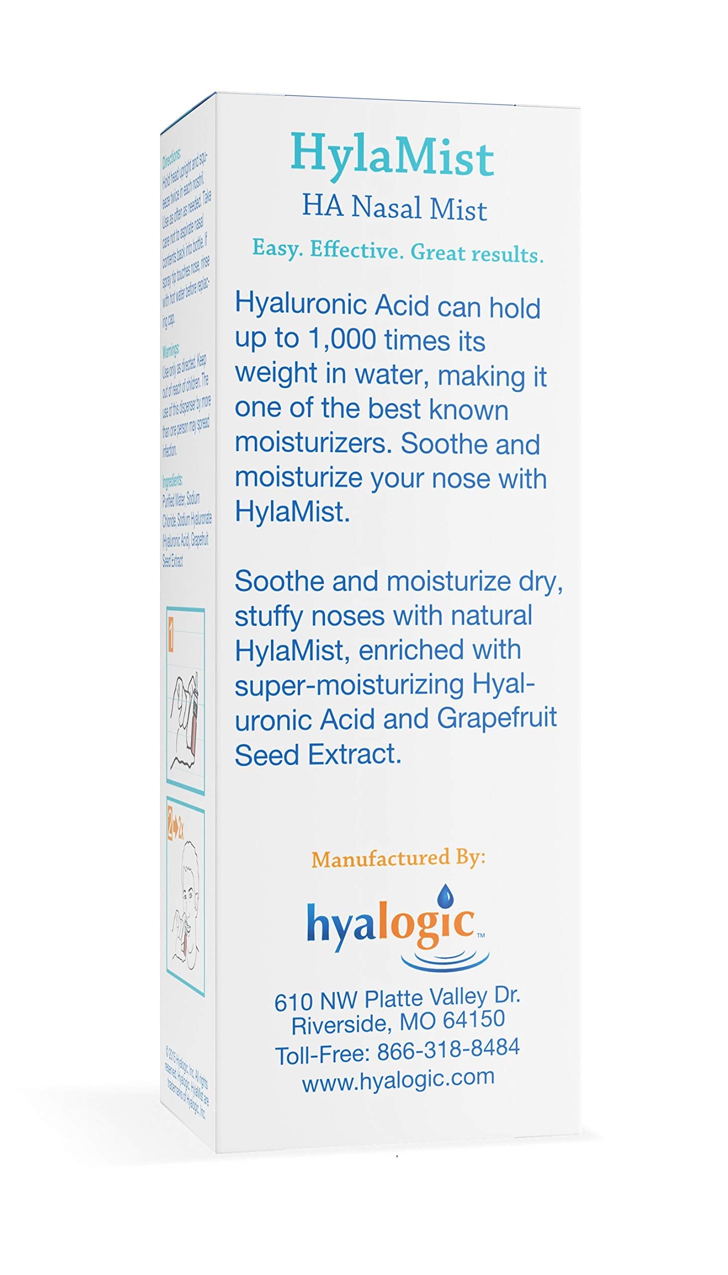 Hyalogic - Spray nasal, 59 ml - Acide hyaluronique + extrait de pépins de pamplemousse pour nez sec - Apaise et hydrate le nez sec et bouché avec le spray nasal HylaMist HA