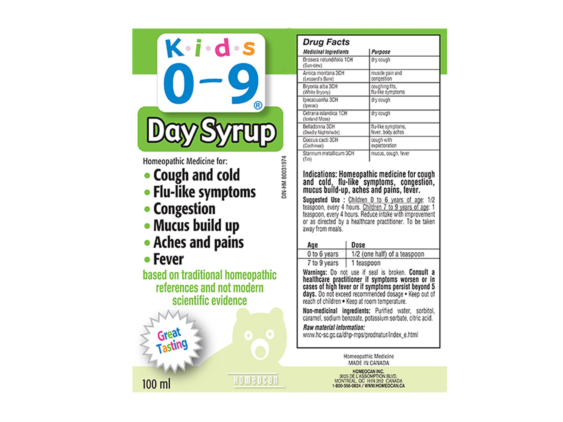 Kids 0-9 Daytime Cough & Cold Syrup 100ml, Gentle Formula for Comforting Little Ones, Coughs & Congestion, with Drosera, Arnica, Bryonia, Great Taste Kid Love, Soothing for Babies, Toddlers & Children