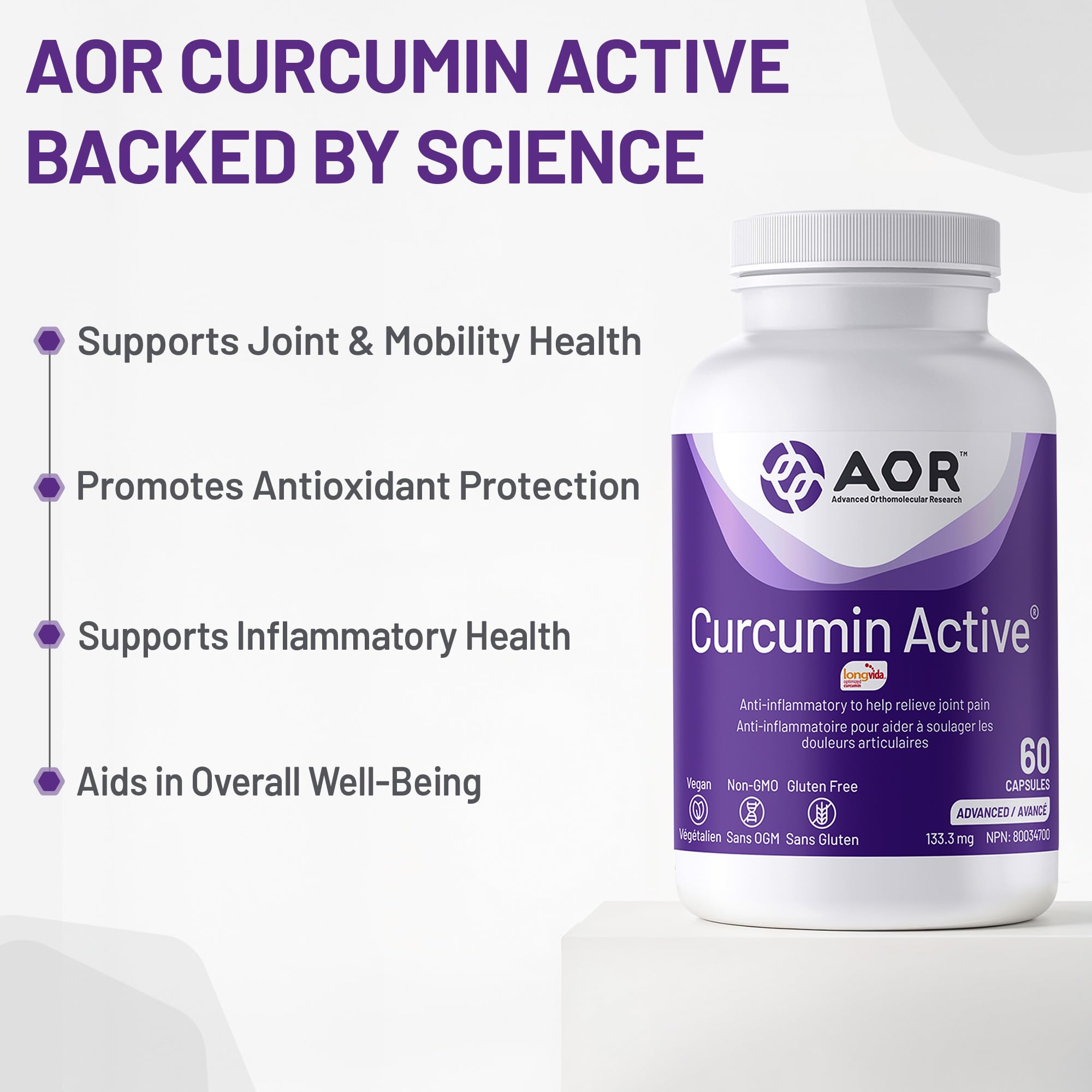AOR Curcumin Active 133,3mg, 60 gélules (approvisionnement de 60 jours) - Végétalien, sans OGM et sans gluten - Absorption améliorée - Confort articulaire et soutien antioxydant