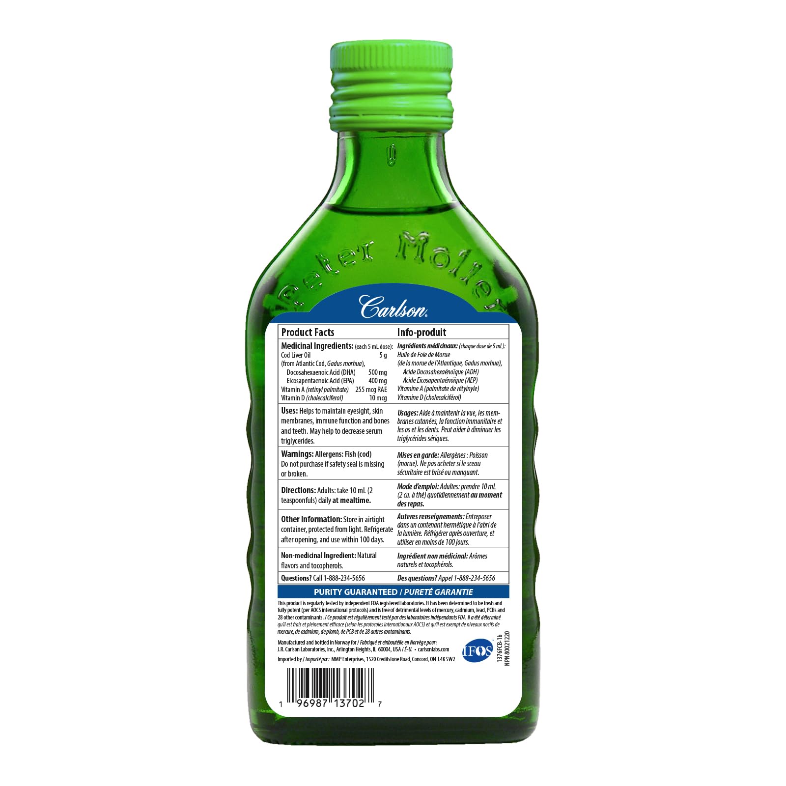 Carlson - Huile de foie de morue, 1100 mg d'oméga-3 + A et D3, huile de foie de morue arctique norvégienne sauvage, huile de poisson nordique liquide issue de la pêche durable
