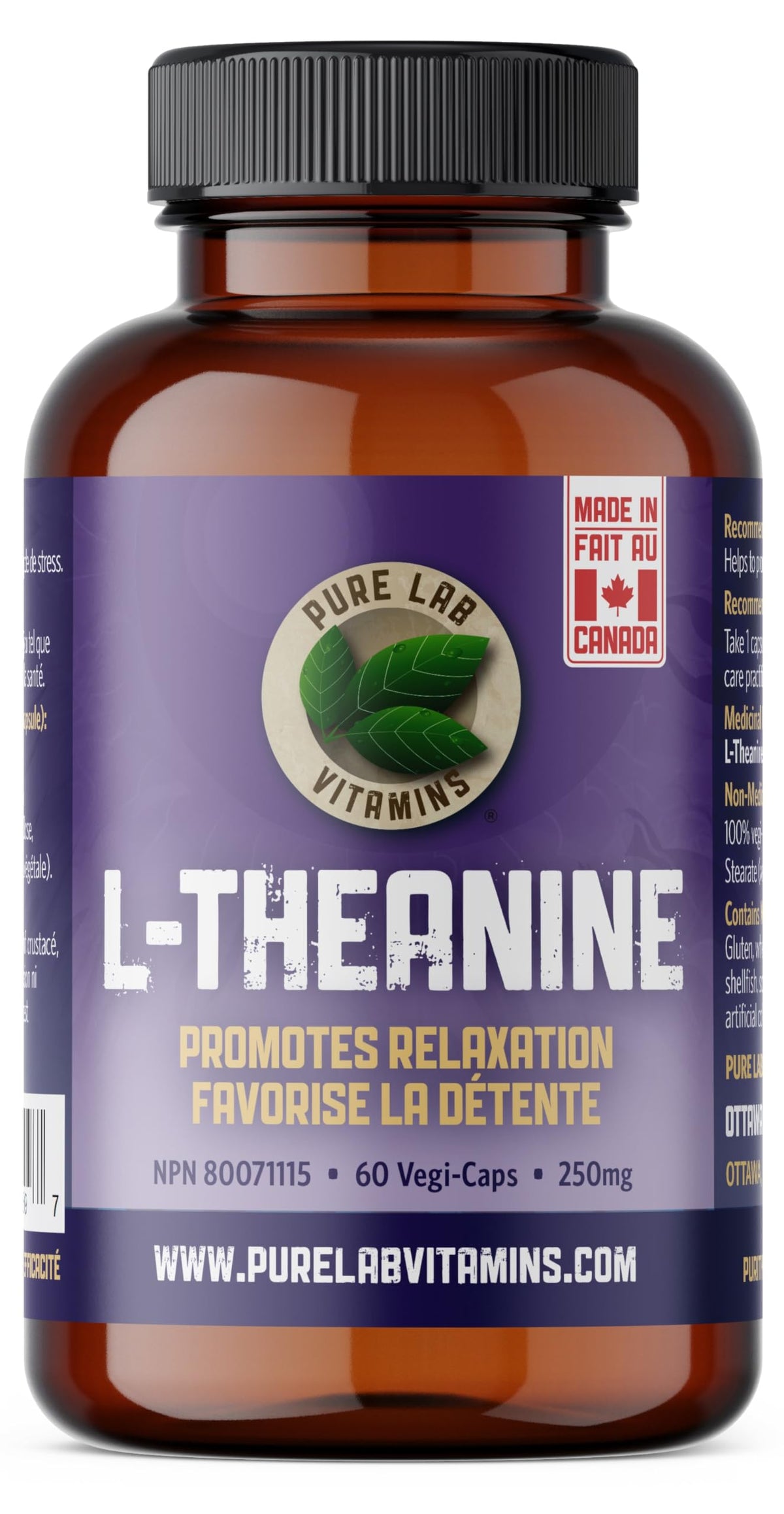 Pure Lab Vitamins | L-Theanine 250mg Vegi Capsules | Pressure and Concerns Relief Supplements | Brain Memory & Focus Supplement for Adults | Promotes Relaxation & Improves Sleep | Quality Gentle Sleep Aid