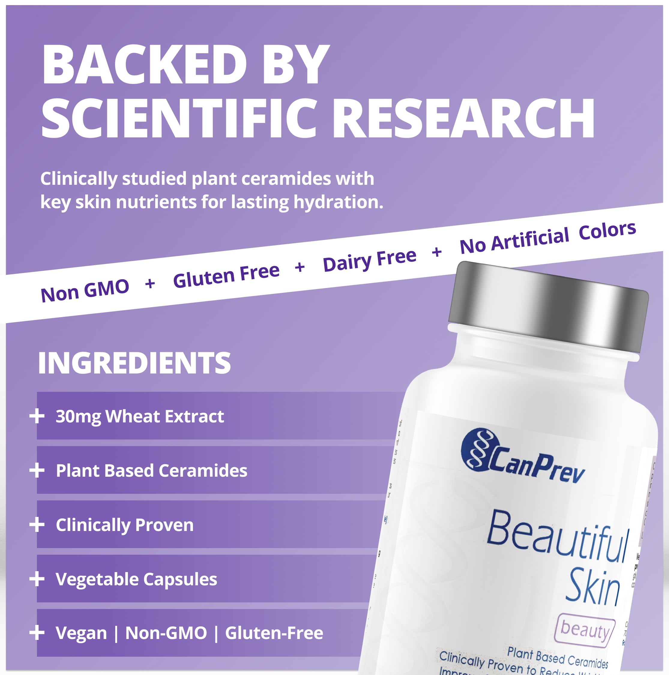 CanPrev Belle Peau Beauté, 30 gélules végétaliennes, Cure de 30 jours - Céramides végétaux - Améliore la douceur, réduit les rides et soutient l'hydratation - Soin du visage et complément pour une peau nette