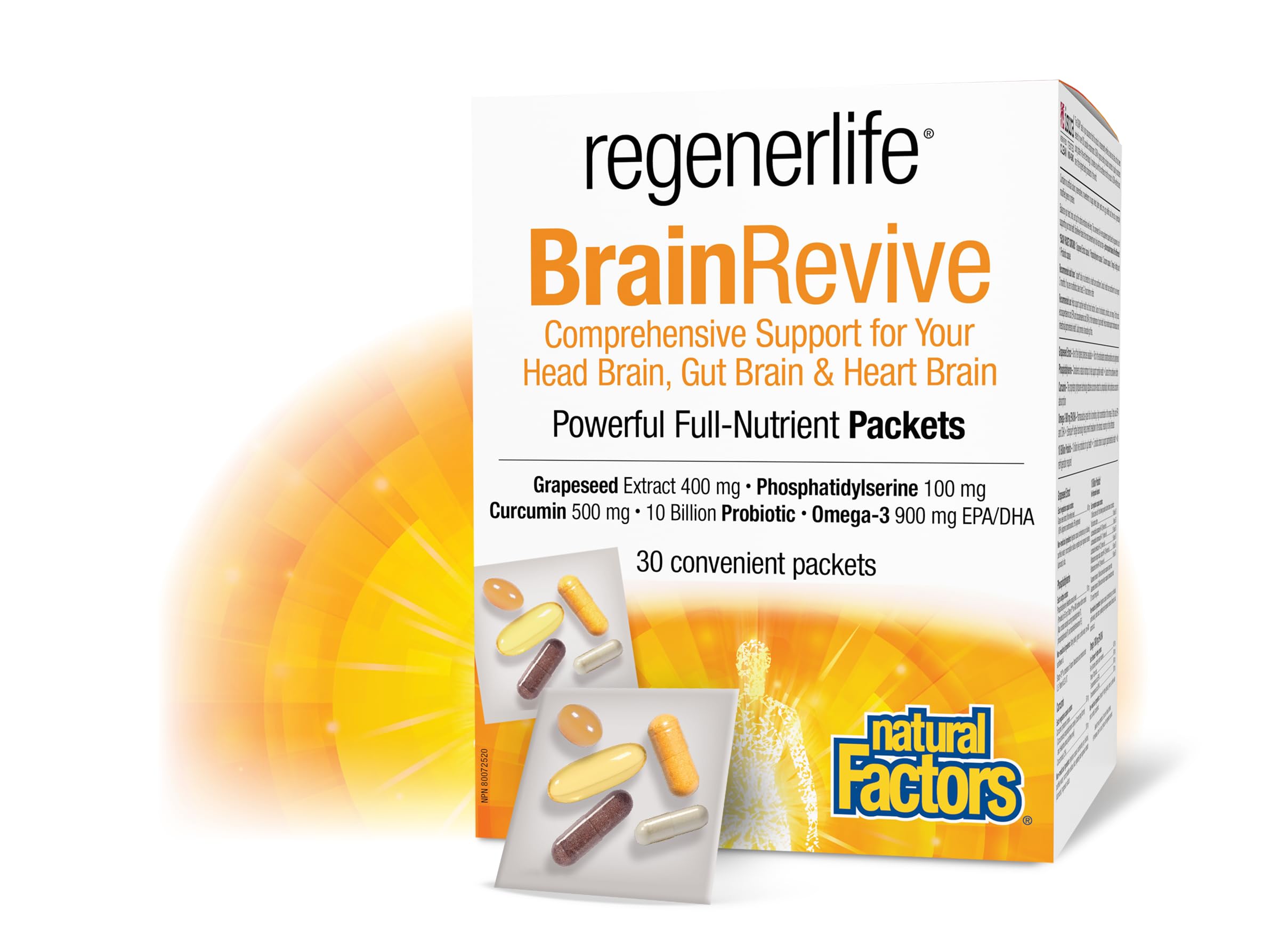 Natural Factors Regenerlife BrainRevive, 30 Convenient Packets, Five-in-One Supplement Kit, Daily Full Nutrient Packets Contain: Phosphatidylserine, Bioavailable Curcumin, Omega 3 EPA/DHA, Grapeseed Extract and High-Potency Five-Strain Probiotics, Support