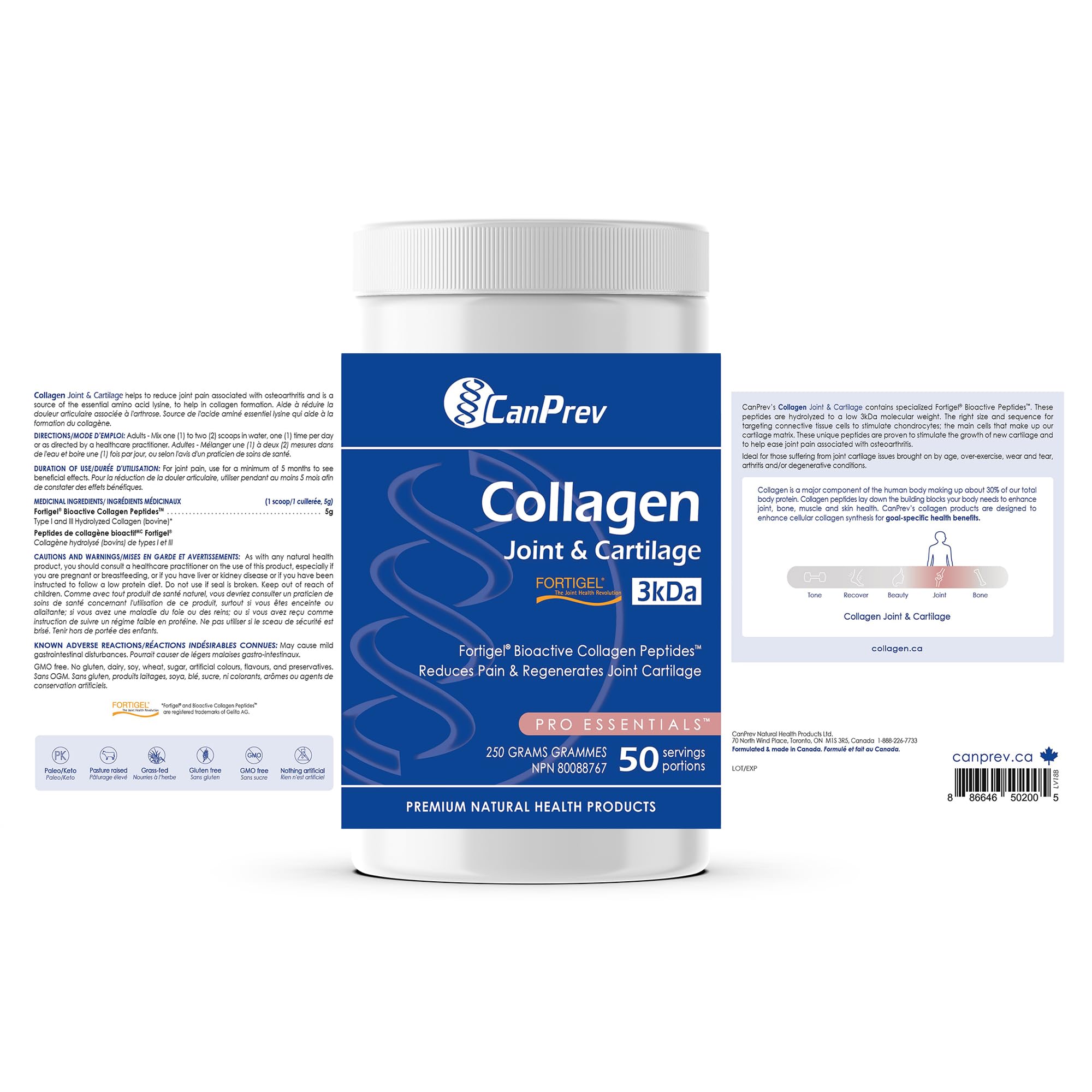 CanPrev Collagène Articulations et Cartilages - 250 g Poudre - 50 Portions - Peptides Protéiques Hydrolysées Types I et III pour le Soutien des Articulations, des Os, de la Peau et des Ongles - Paléo/Keto, Sans Gluten, Sans OGM