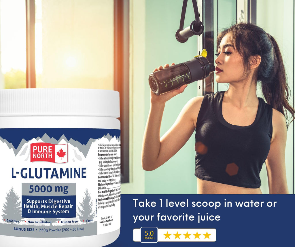 Pure North Naturals - L-Glutamine 5000mg, 250g Powder 50-Servings - Gut Health and Digestive Health - Support Muscle Repair & Support Immune System - 3rd Party Tested - Formulated & Made in Canada