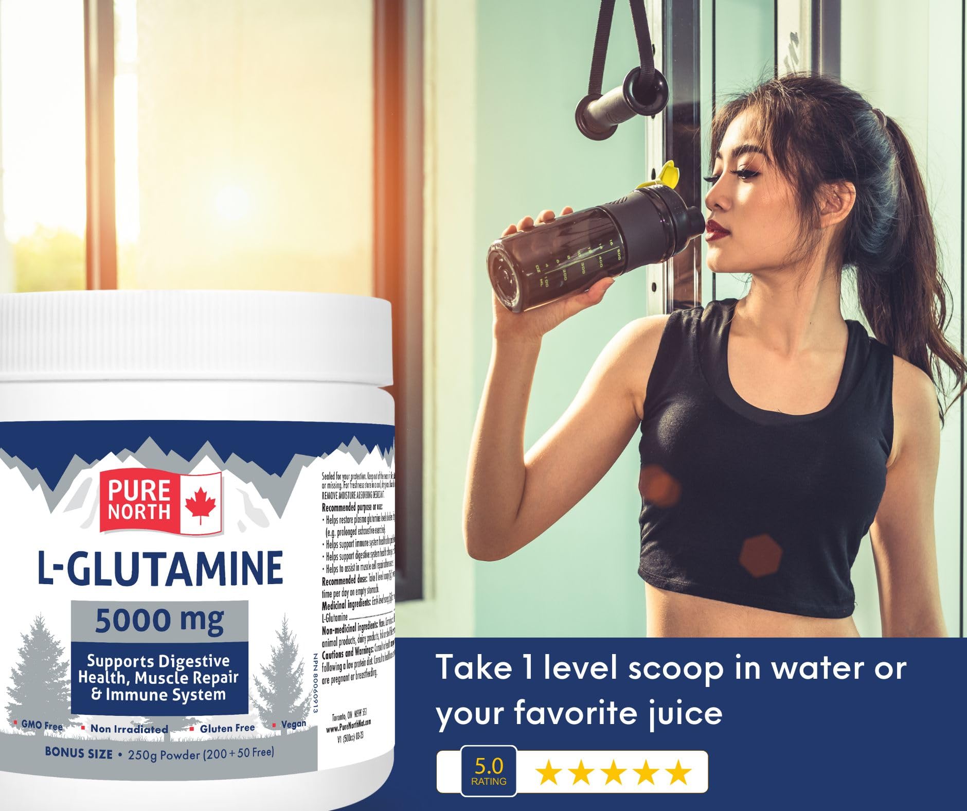 Pure North Naturals - L-Glutamine 5000mg, 250g Powder 50-Servings - Gut Health and Digestive Health - Support Muscle Repair & Support Immune System - 3rd Party Tested - Formulated & Made in Canada