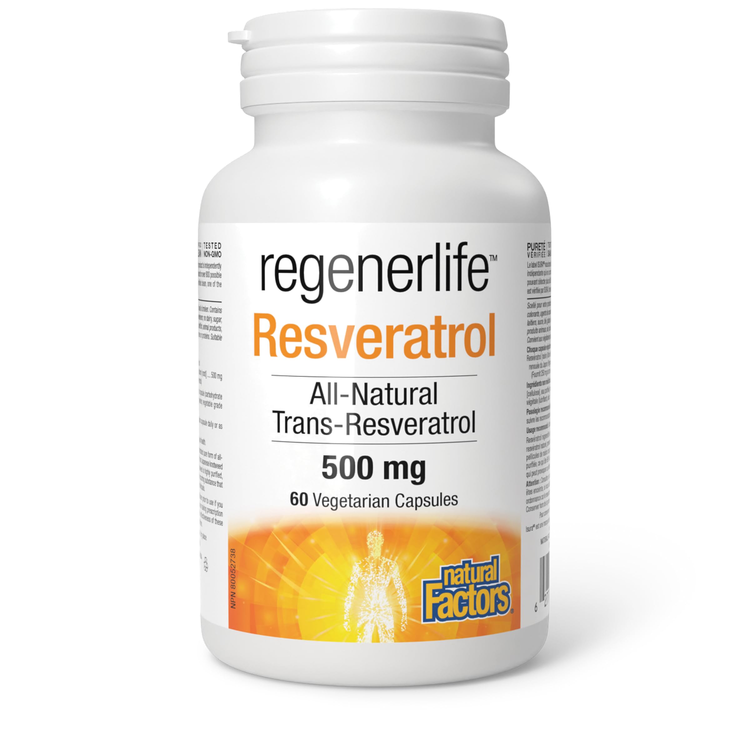 Natural Factors Regenerlife Resveratrol 500 mg, 60 Vegetarian Capsules, All-Natural Trans-Resveratrol, Potent Antioxidant, Supports Healthy Aging, Proudly Canadian