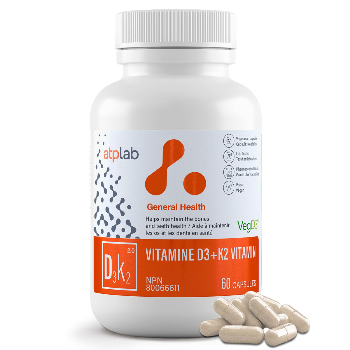 atplab Vitamin D3 K2 Capsules, 1000 IU, 60 Capsules, 60 Day Supply